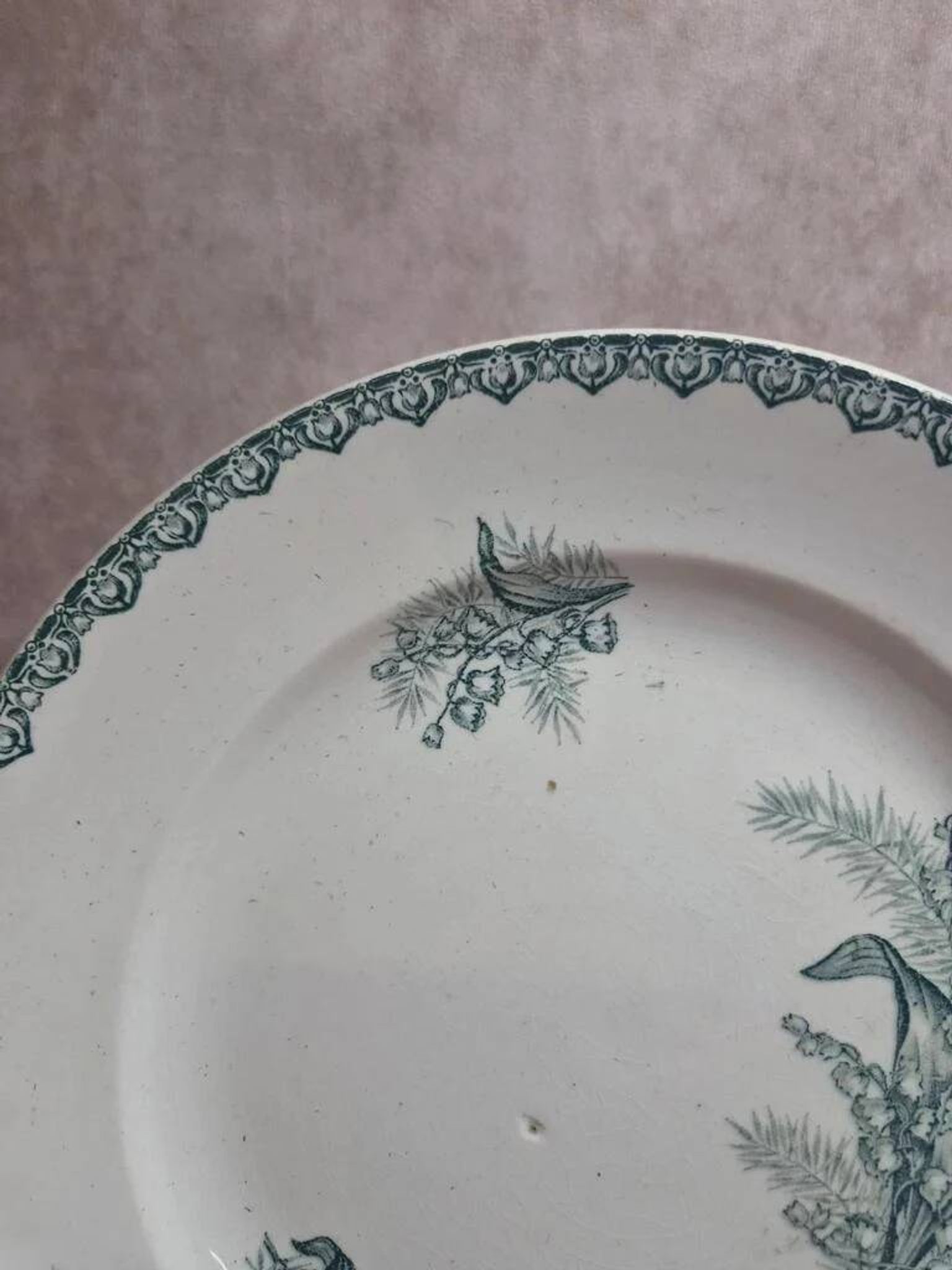 Large round antique ironstone plate, Saint-Amandinoise – Model Lily of the Valley