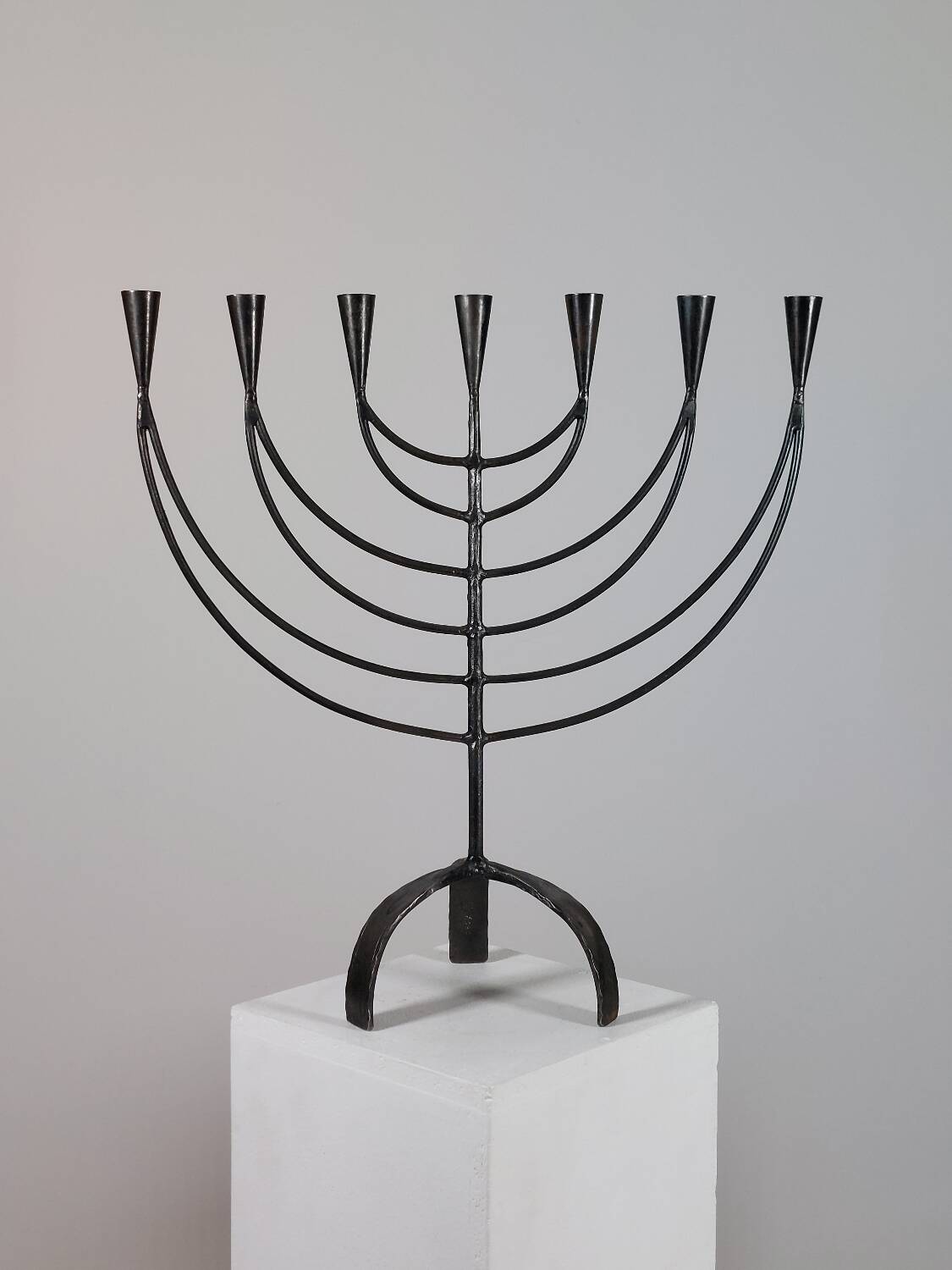 Vintage Swedish Menorah candle holder, hand-forged, in brutalist style.