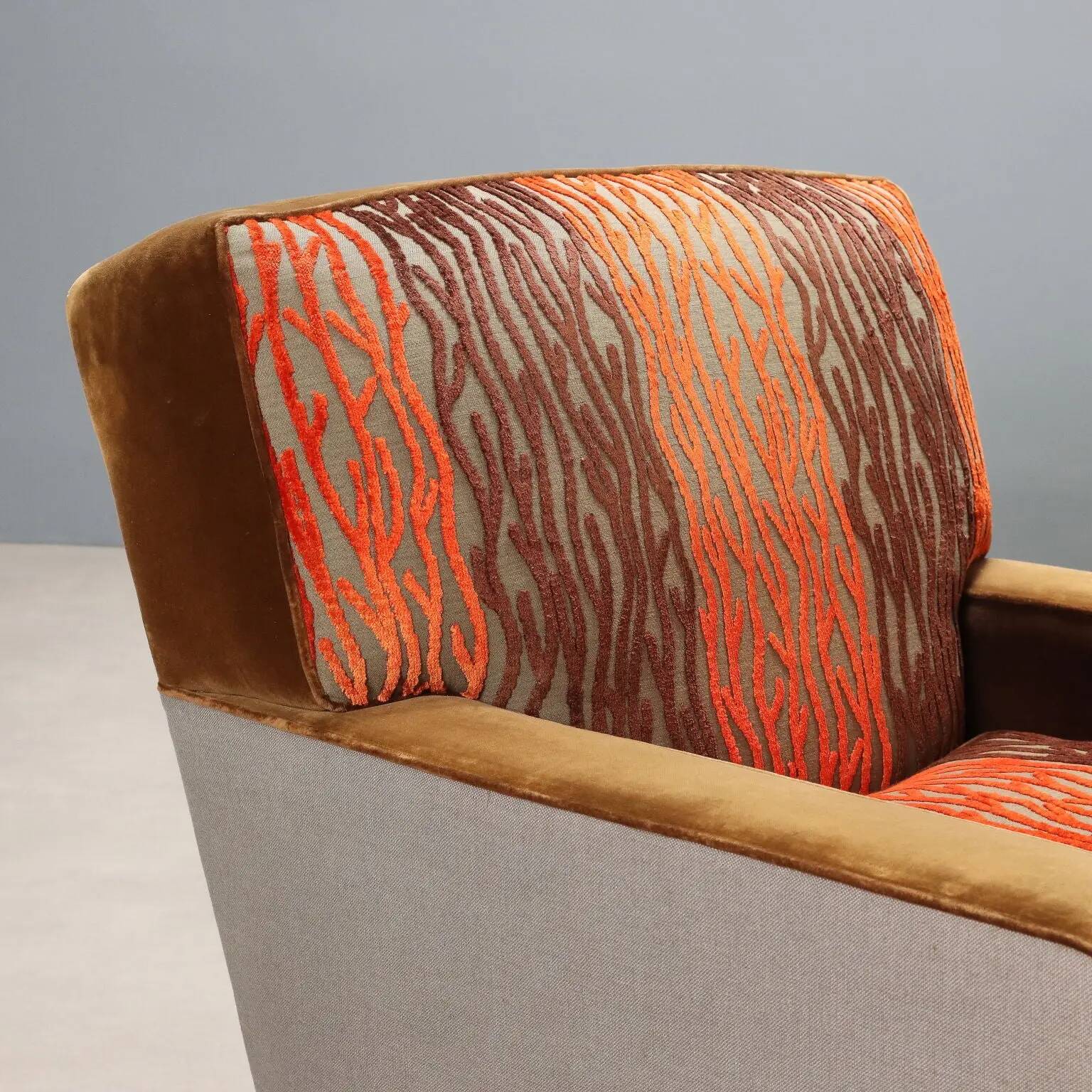 Pair of antique armchairs with velvet and fabric poufs, Italy, 20th century