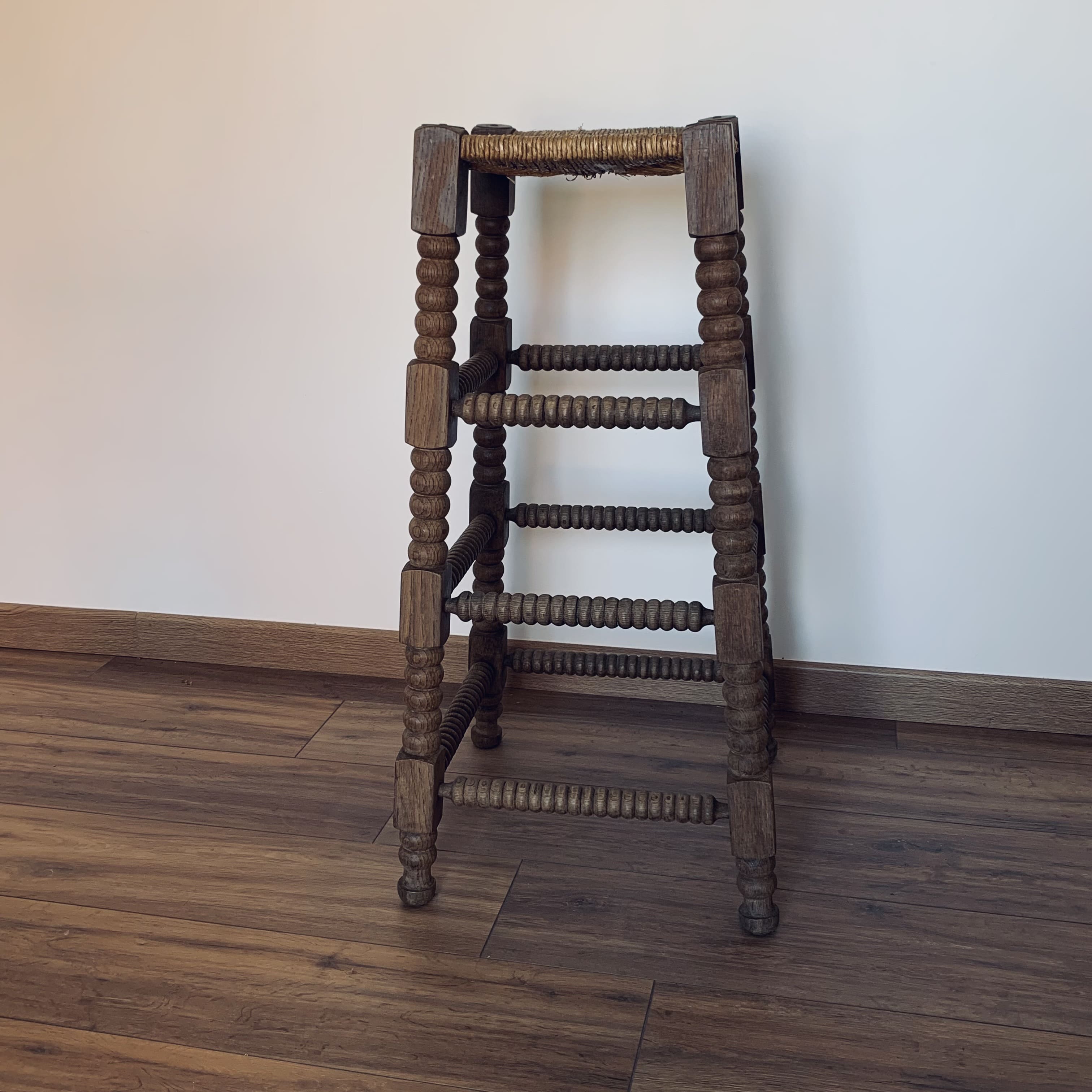 Stool high straw wood turned