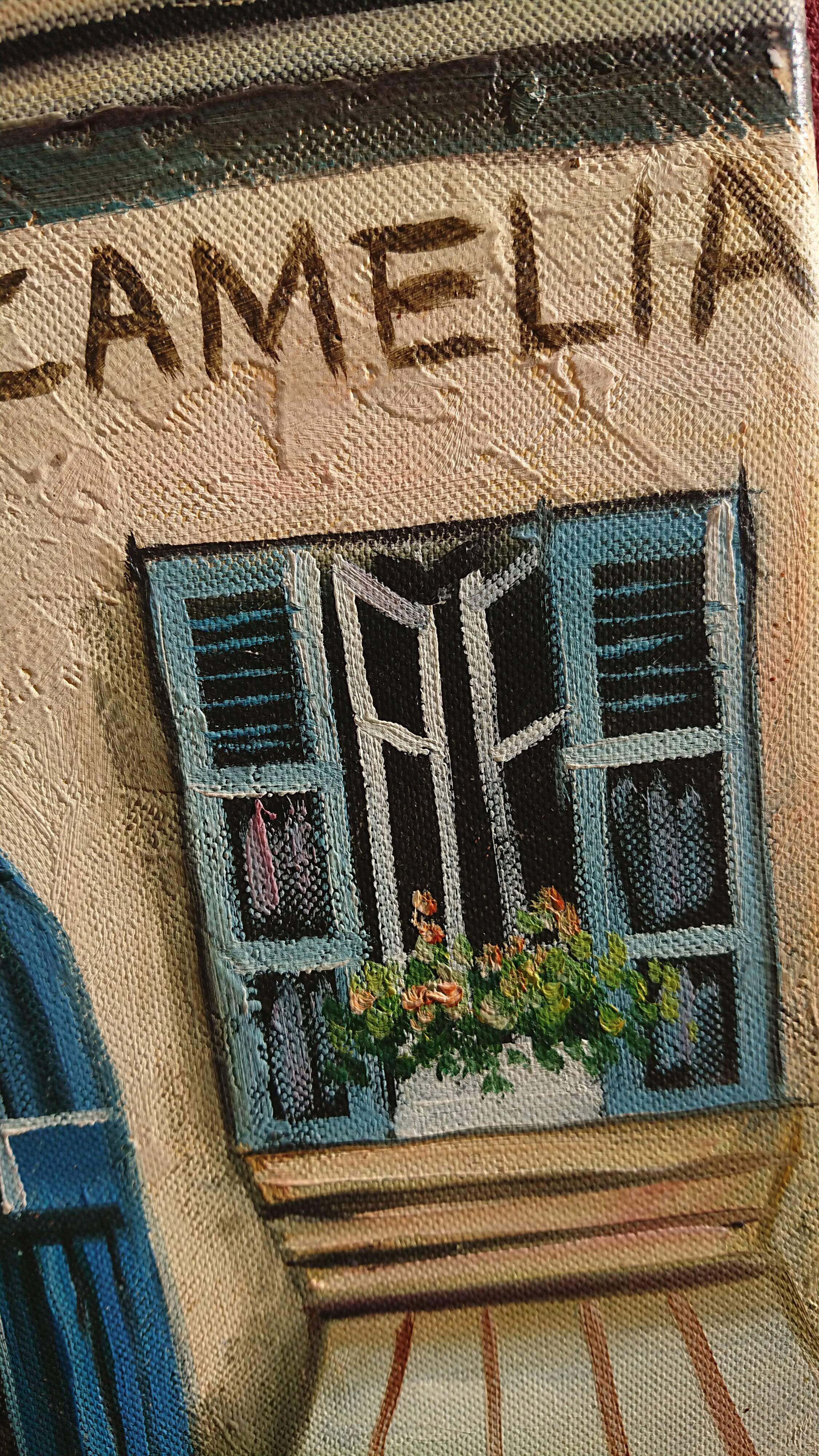 Oil on canvas restaurant storefront, signed À Morin
