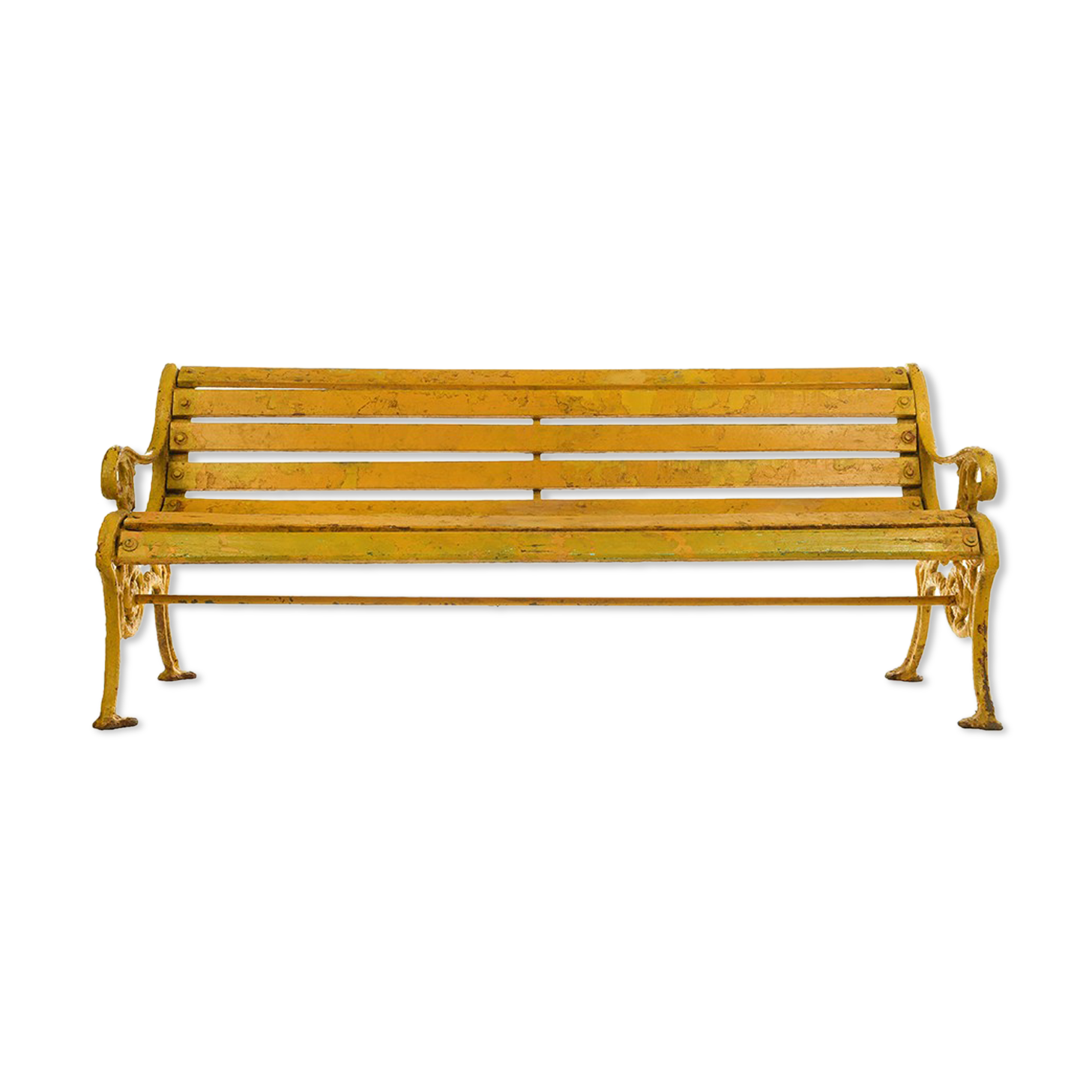 Wooden bench and yellow patina cast iron