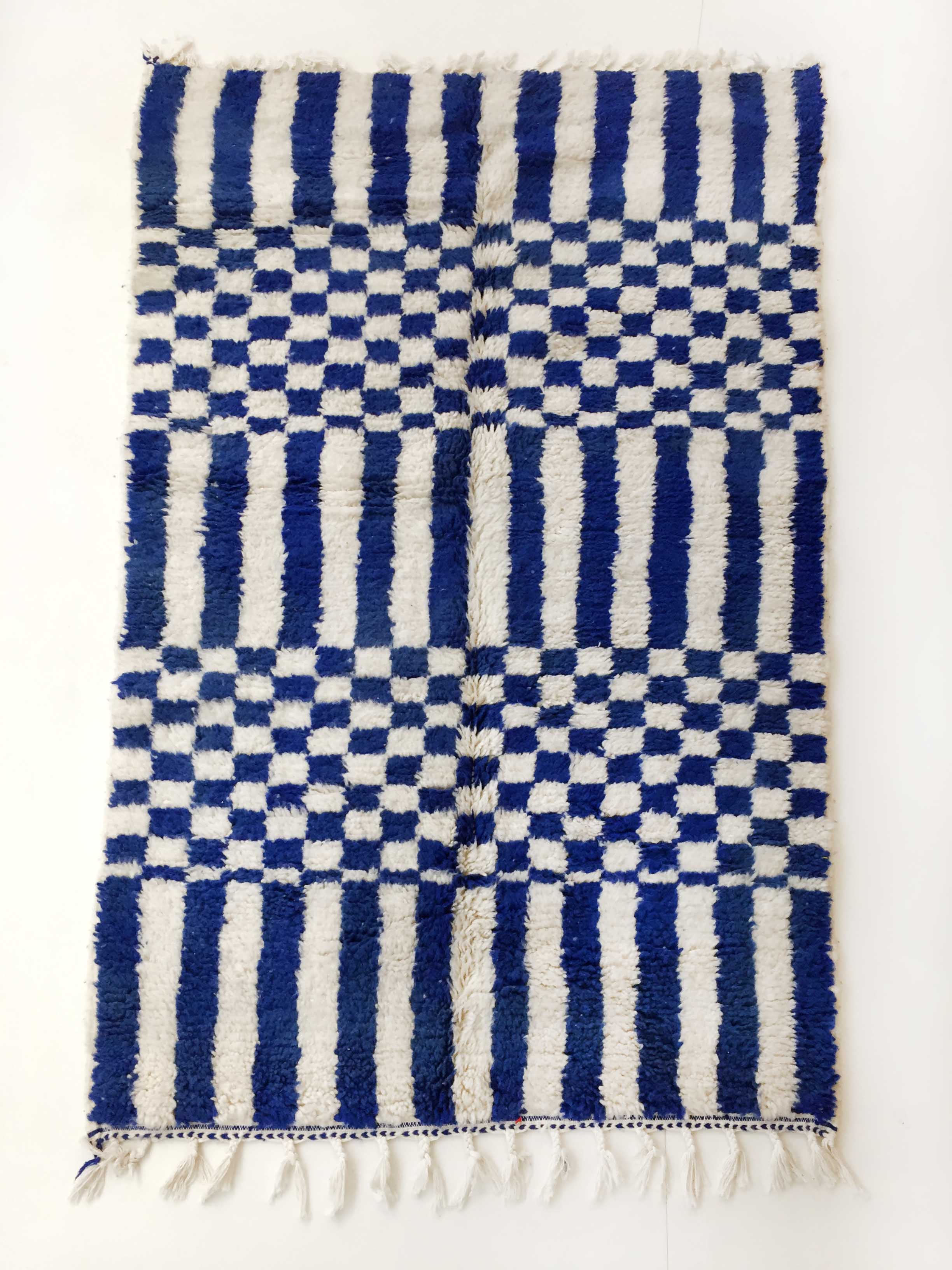 Moroccan Berber carpet blessed ouarain ecru with blue geometric patterns 216x130cm
