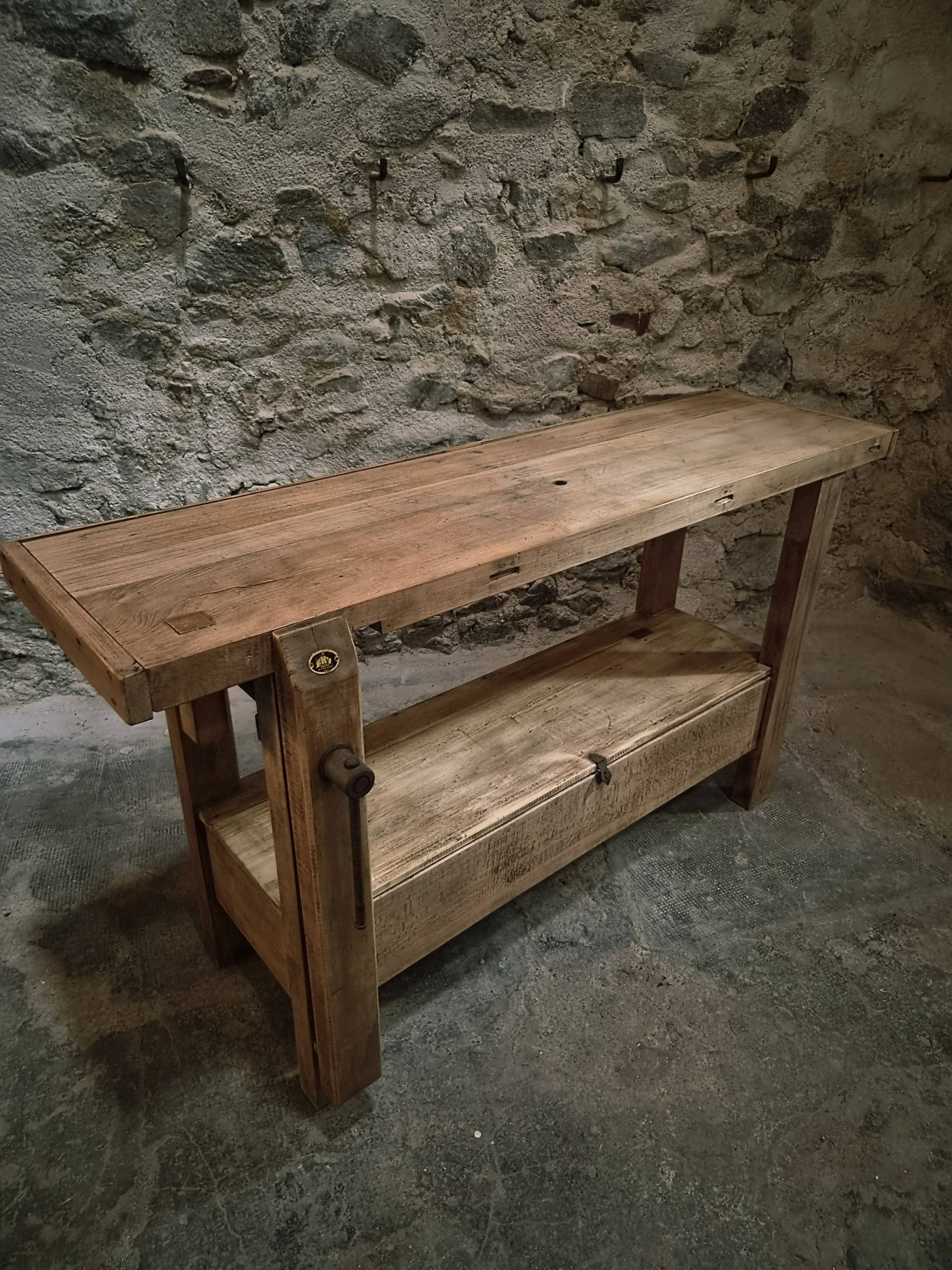 Vintage French beech side table, console, washbasin unit, industrial side table, circa 1950–1970.