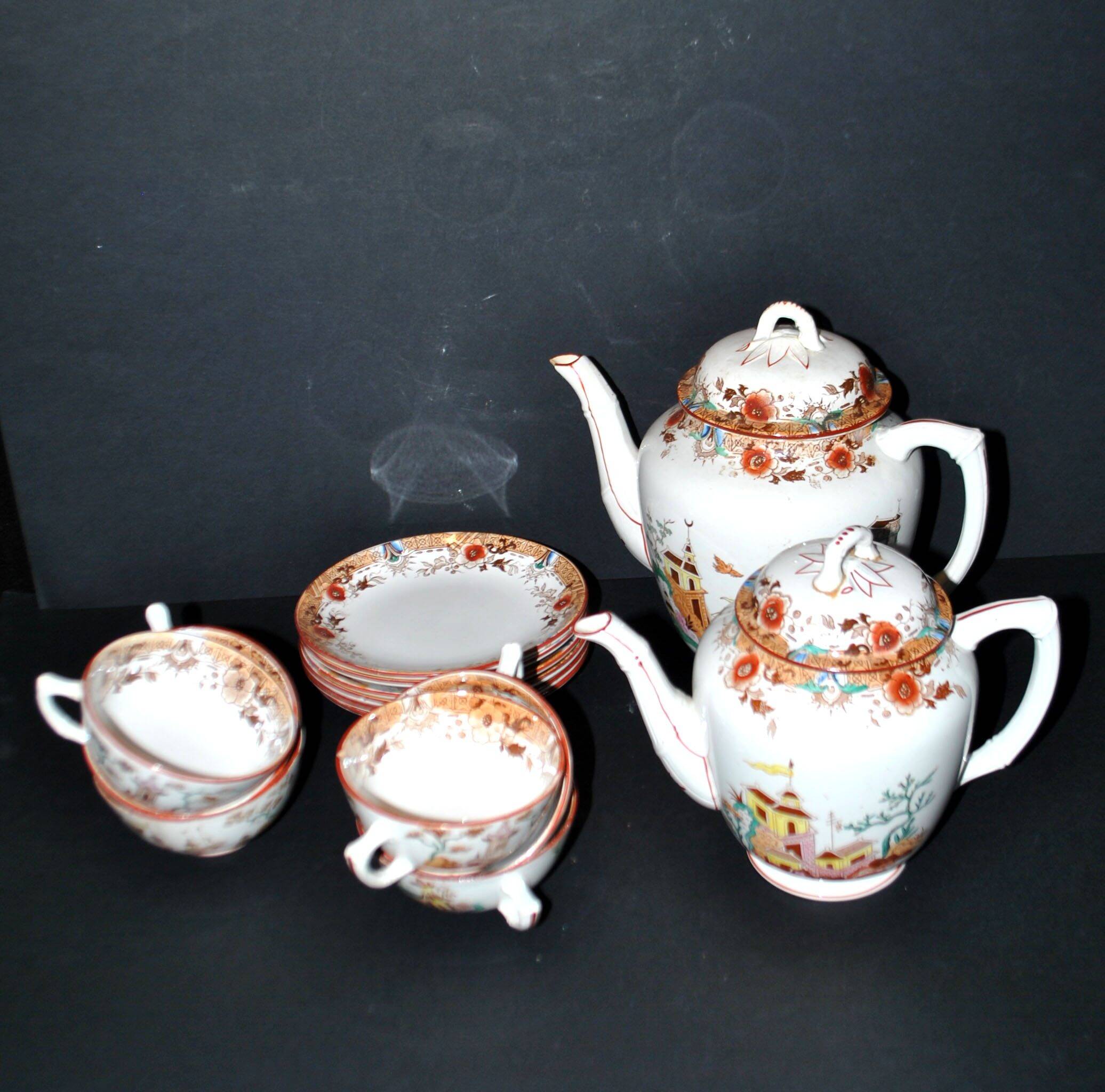 Sarreguemines coffee set 6 cups + 2 earthenware coffee pots with Chinese bamboo decor