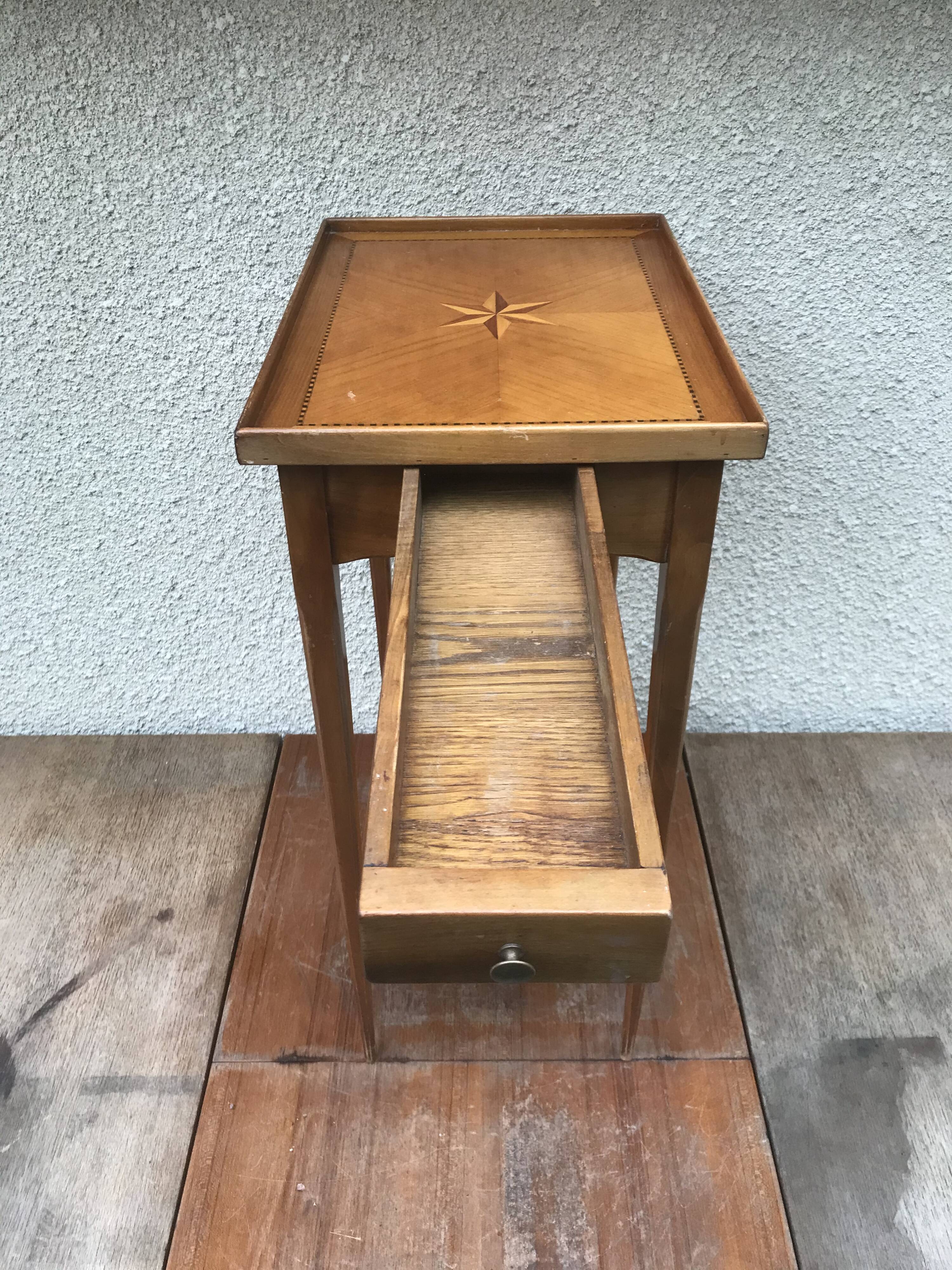 Old Table Appoint Wood Plateau Marqueté Star Feet Compass - Vintage Drawer