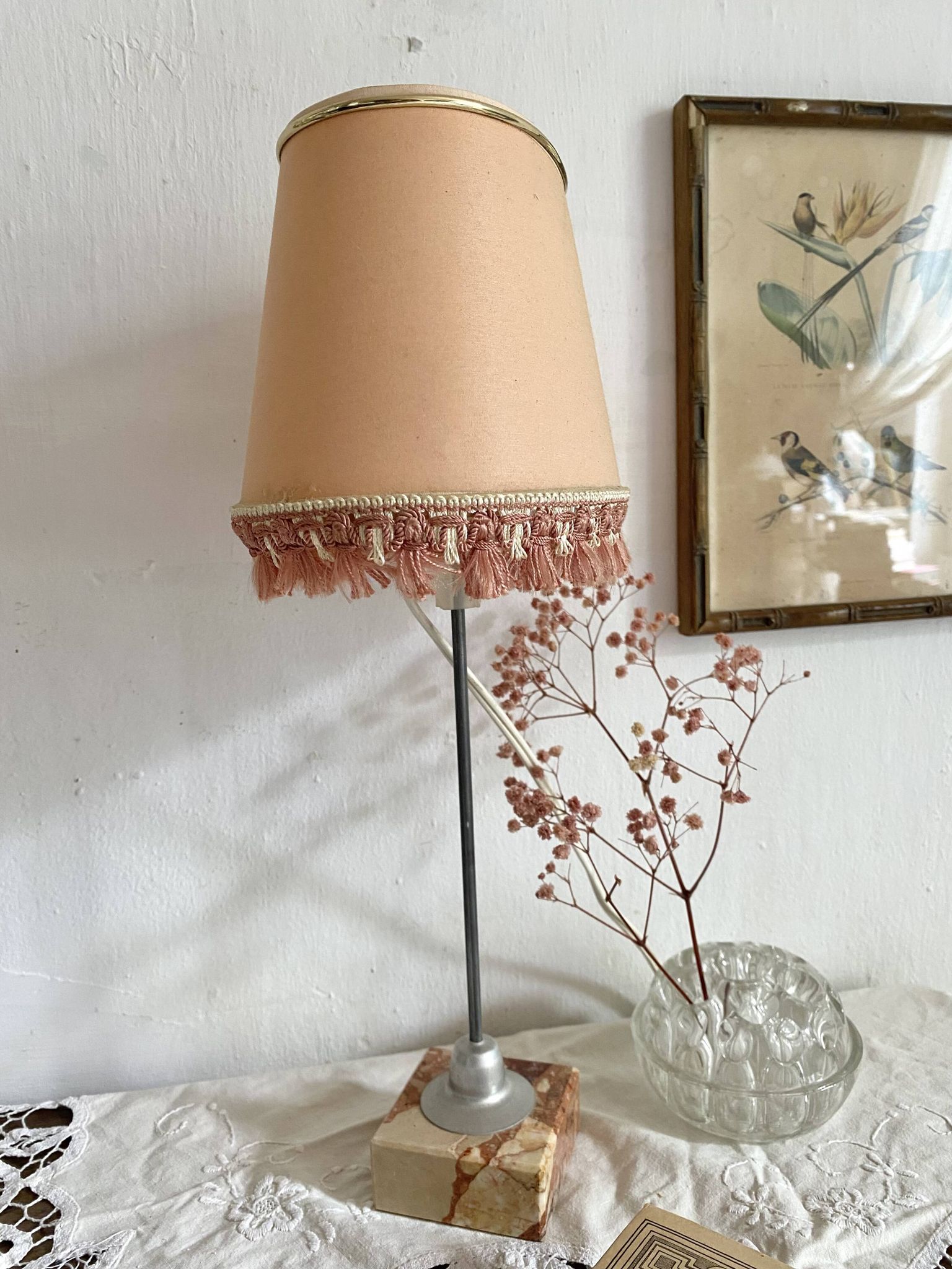 Lampe rétro abat jour franges socle en marbre