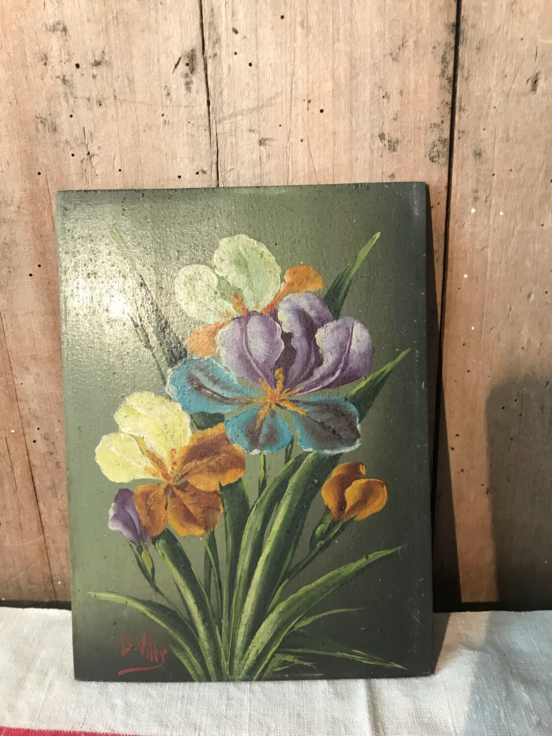 Oil on wood with irises