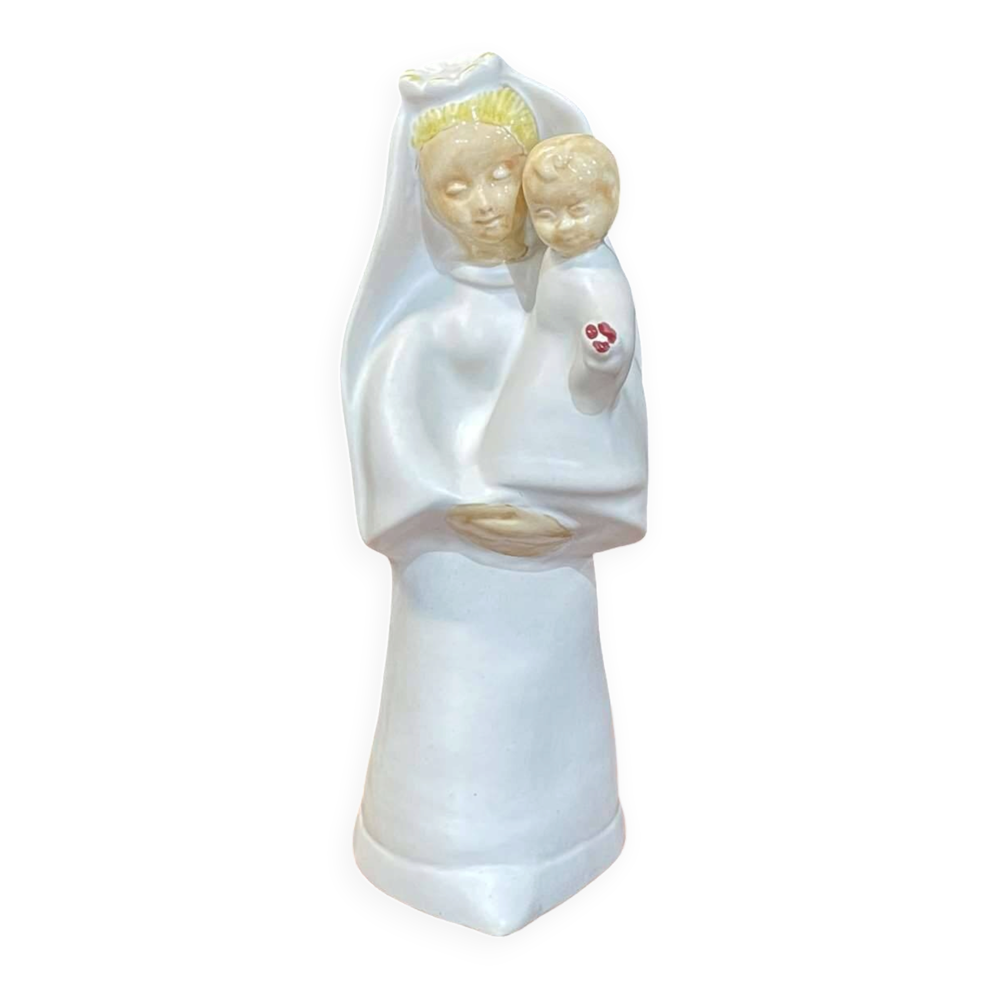 Virgin and child in quimper faience with ivory background by bel delecourt