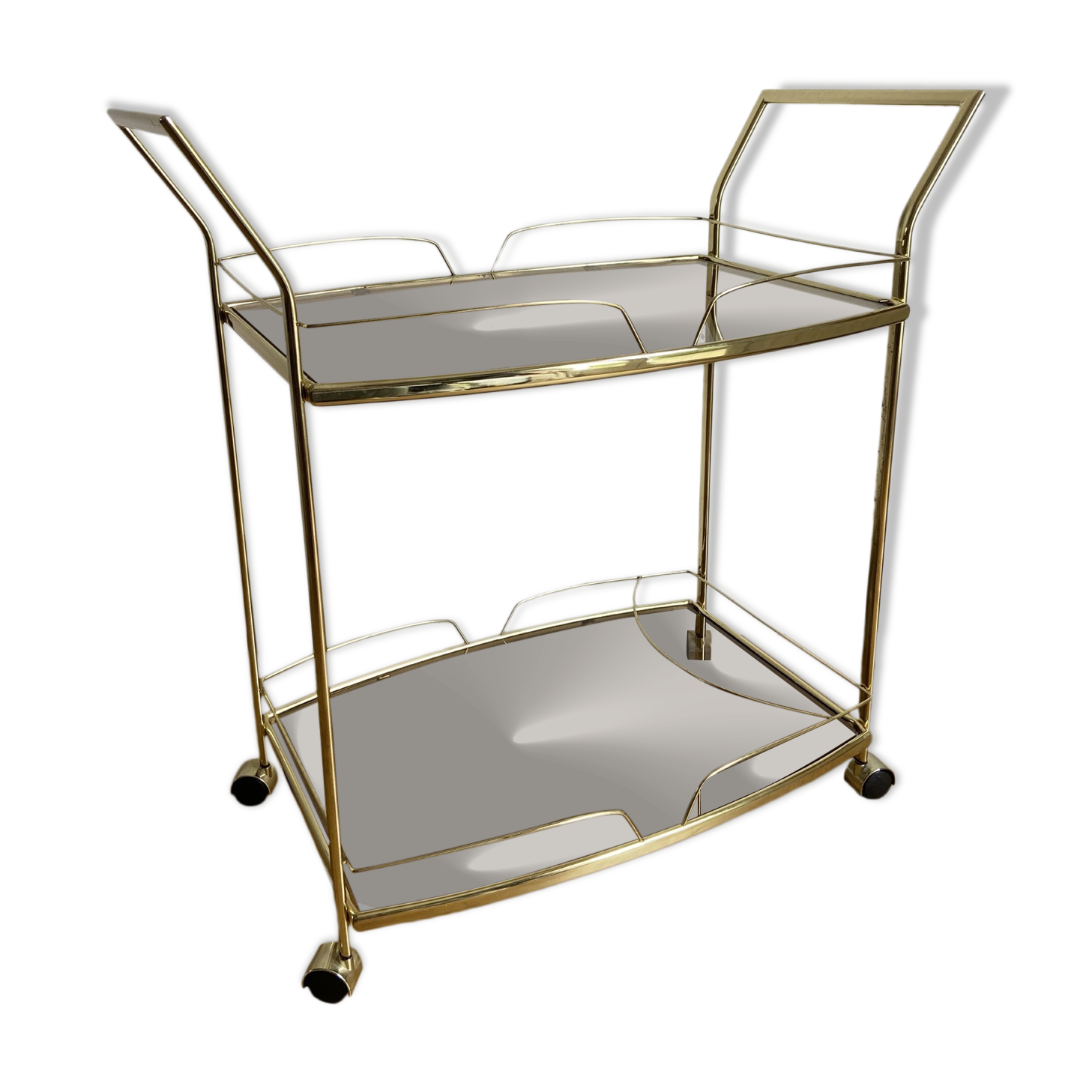 Vintage rolling service in gilded metal and smoked glass