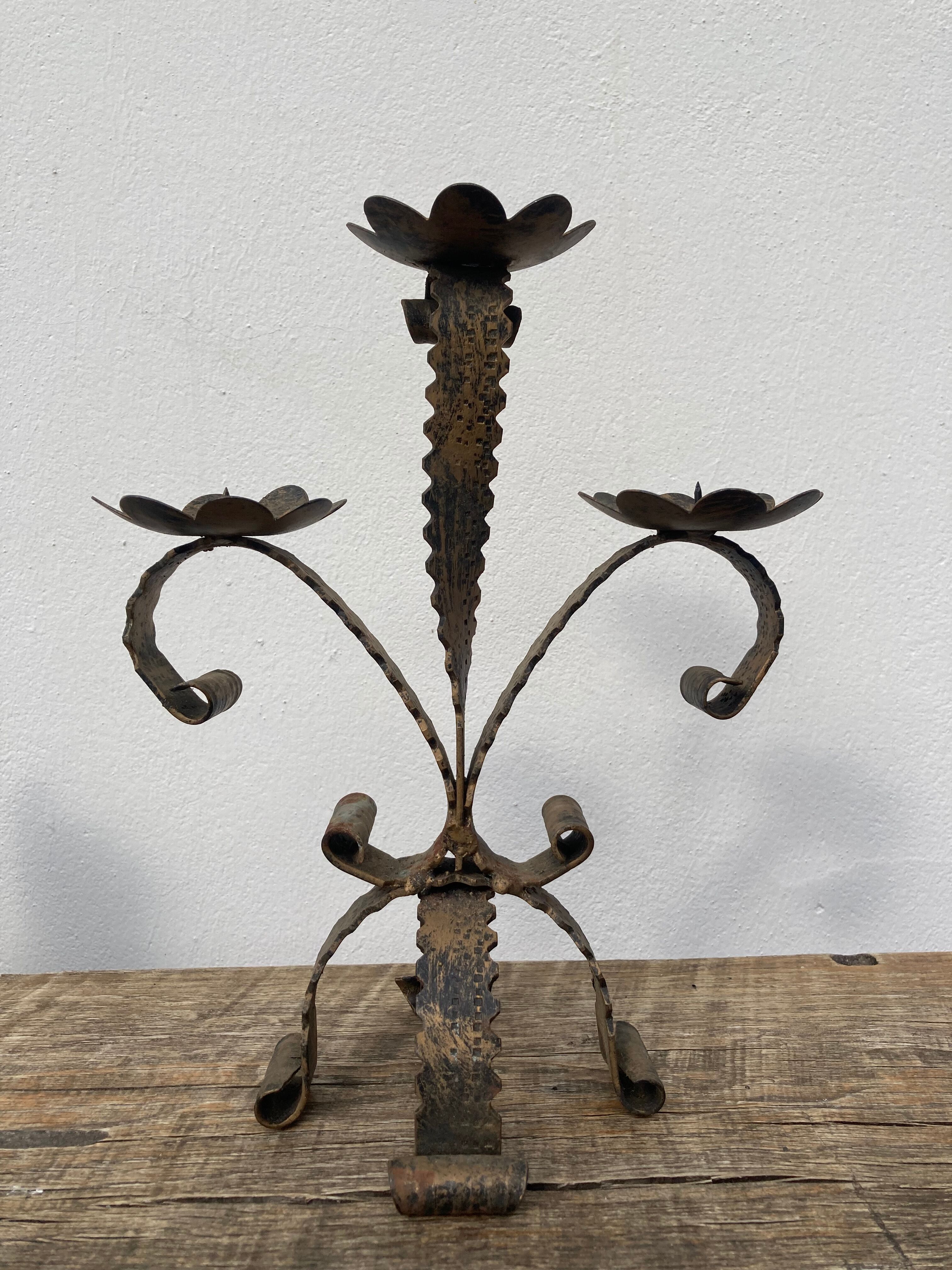 Brutalist candle holder folk art - wrought iron candlestick