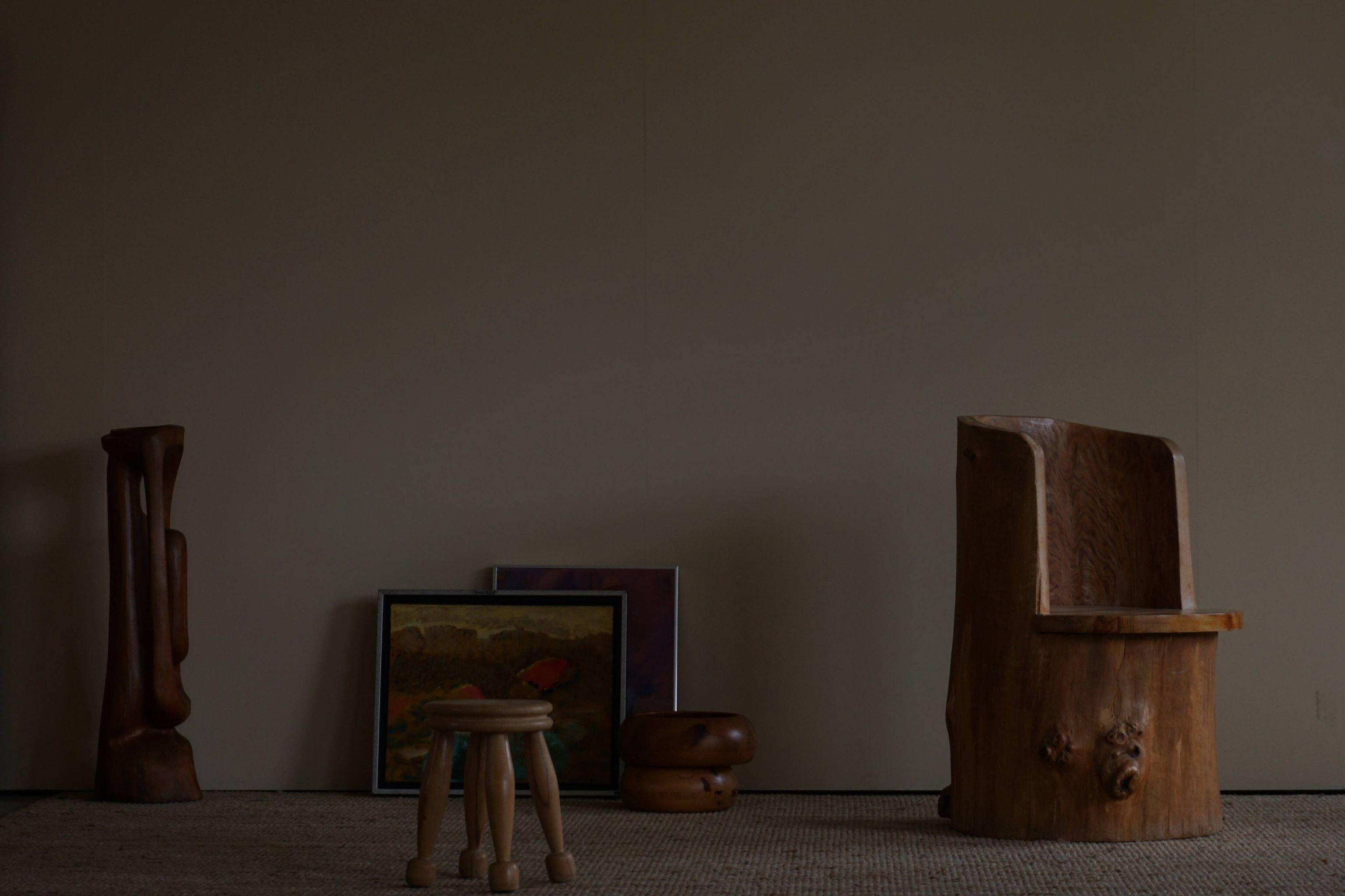 Swedish brutalist mid-century sculptural chair in solid pine.
