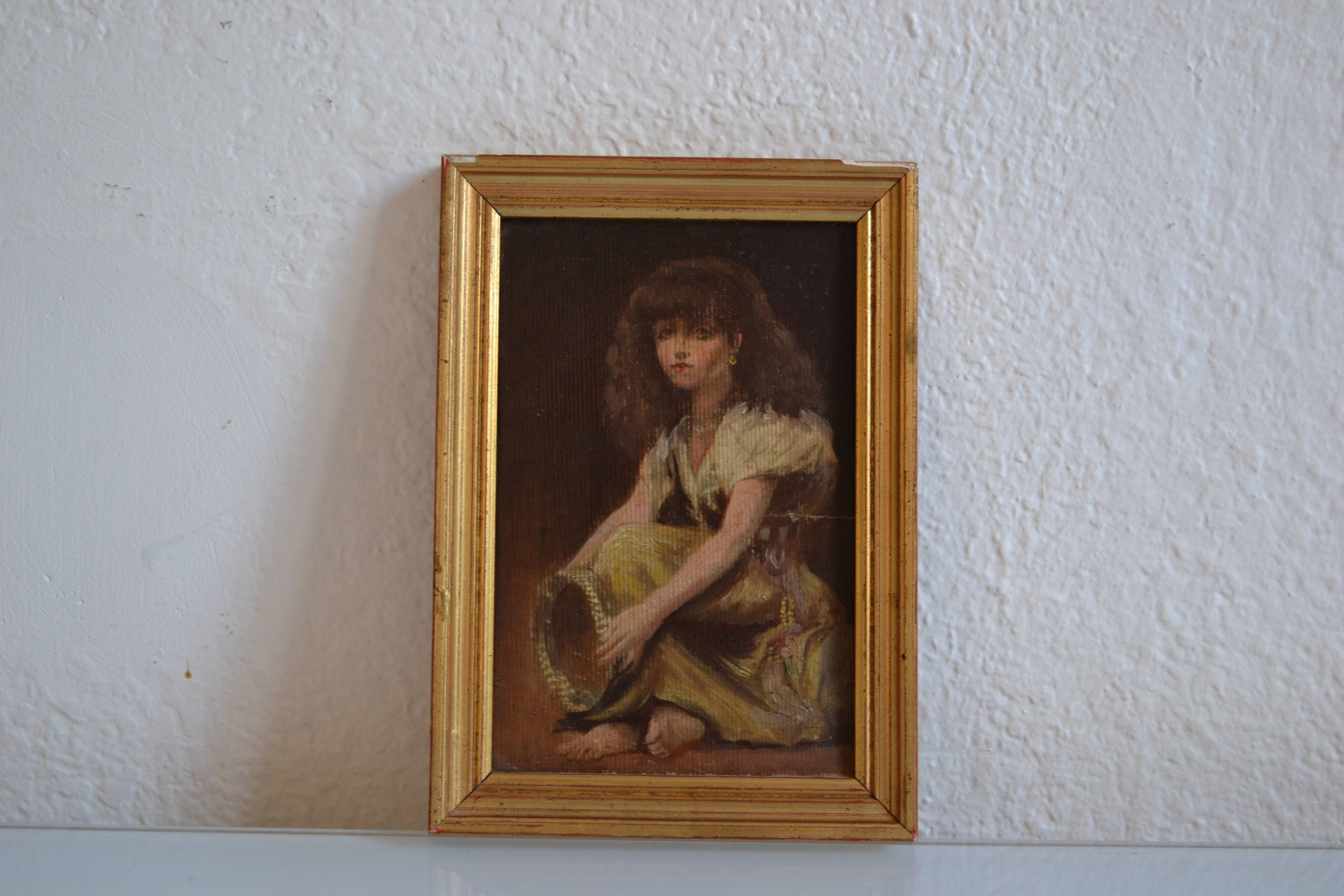 Young girl with tambourine Provence old painting HSP