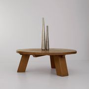 Brutalist round tripod coffee table in solid wood (Oak) Circa 1960