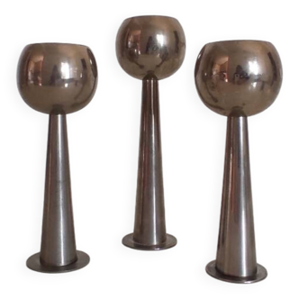 3 bougeoirs space age chromés