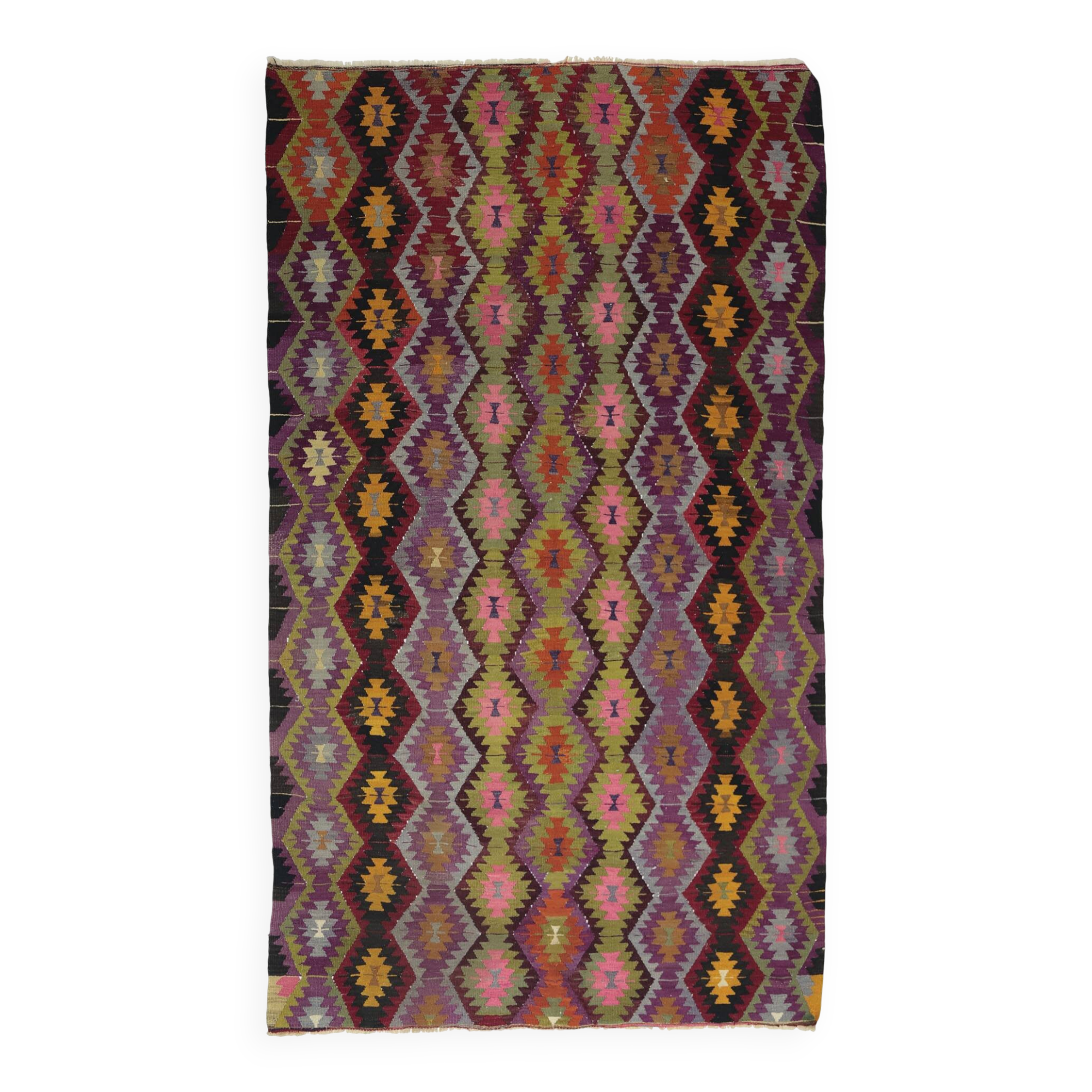 Turkish Kilim Yuruk Vintage 165x275 cm Geometric Pink Green Yellow
