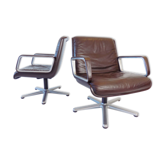 Set of 2 brown leather lounge chairs by delta design, Wilkhahn Delta 2000