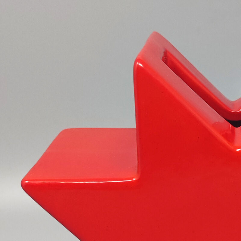 1980s red vase "hsing" by ettore sottsass. made in italy