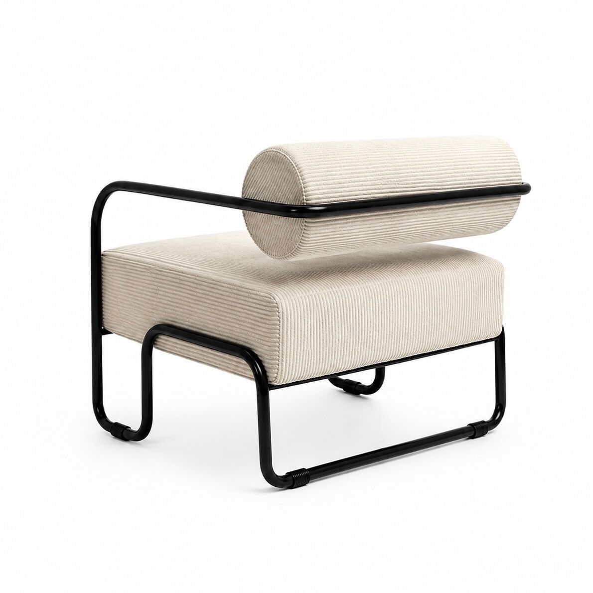 Modernist lounge chair in beige corduroy.