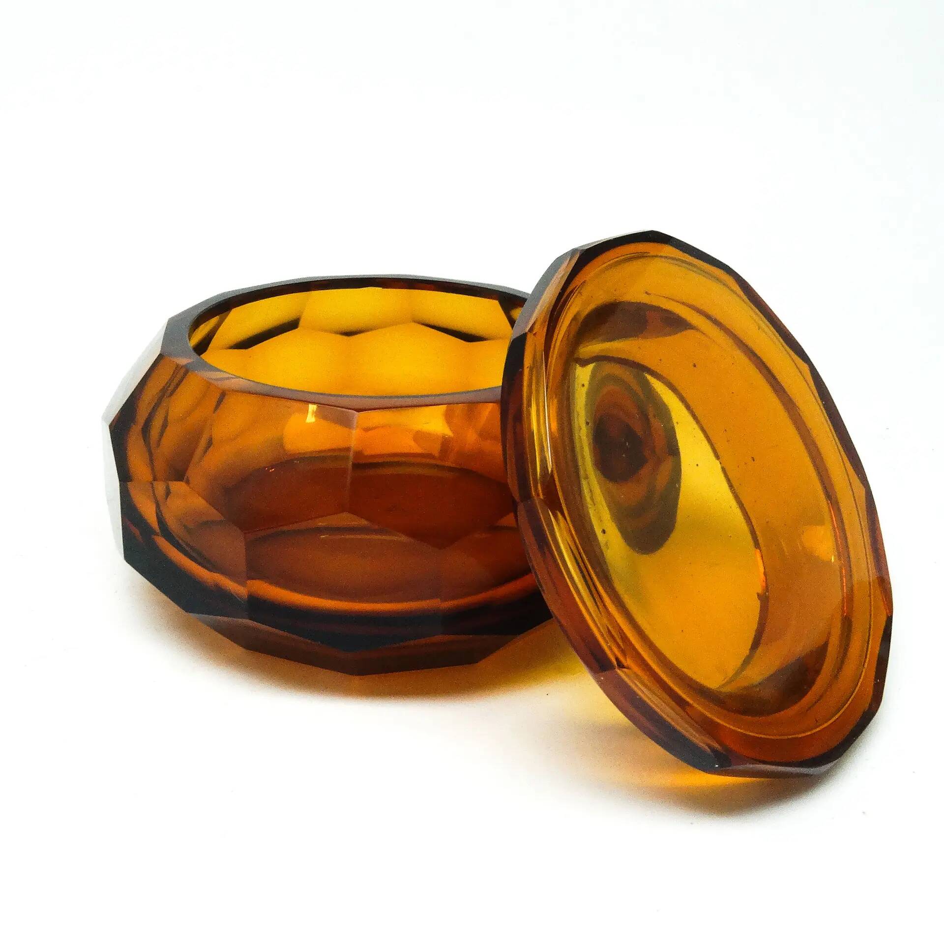 Art Deco bonbonniere, honey crystal, Moser, Czechoslovakia, 1930s