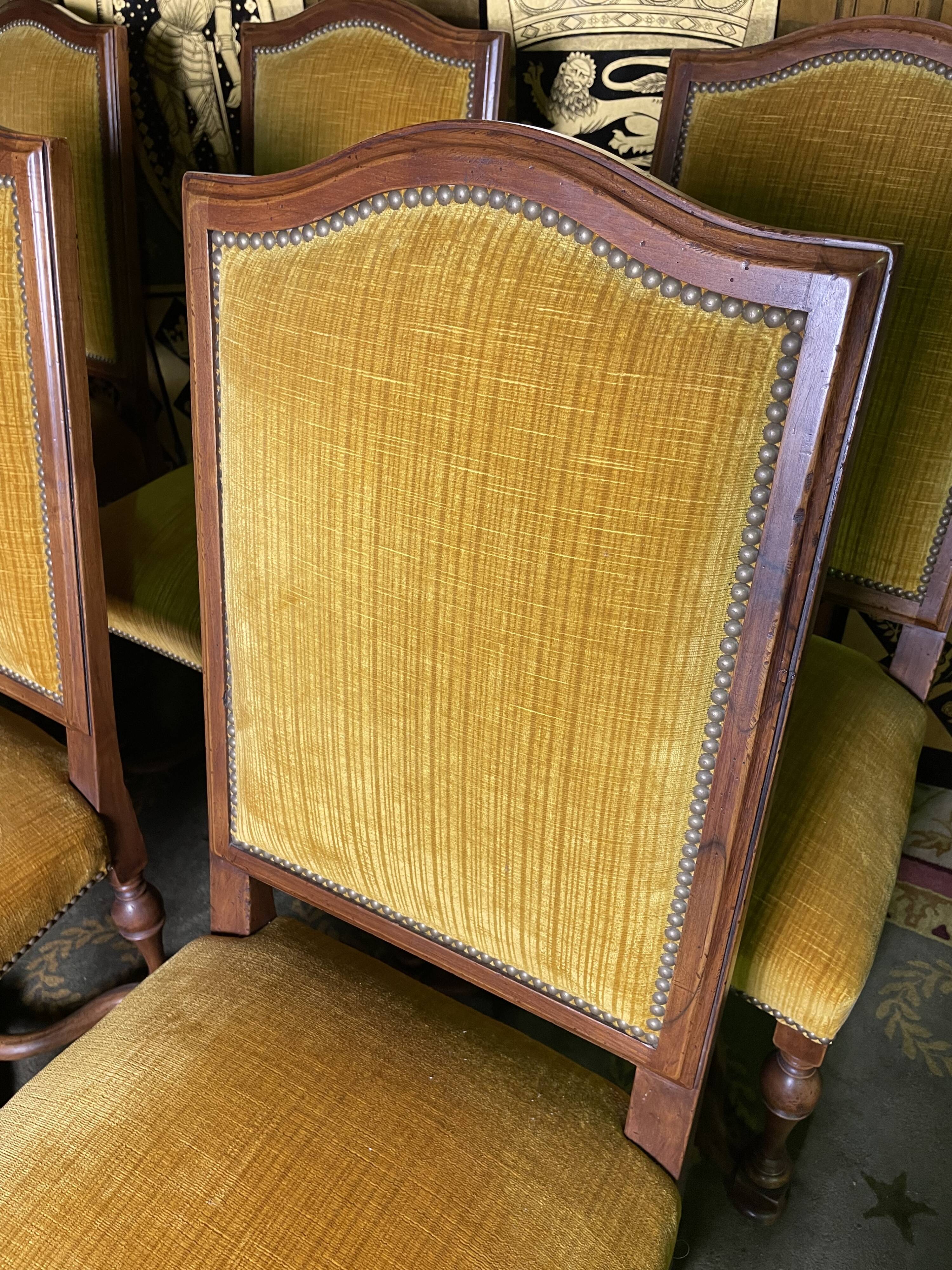 Suite of 6 chairs walnut and yellow velvet louis XIV style