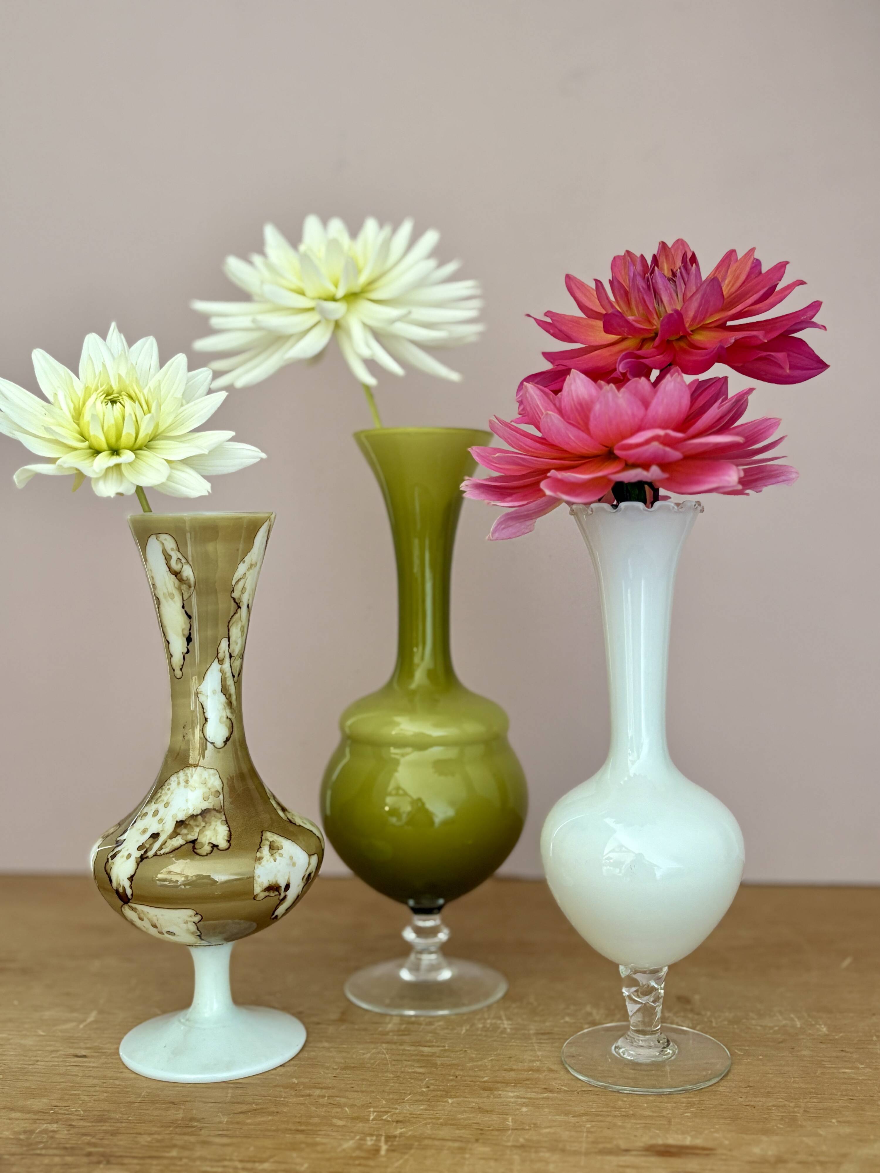 Set of 3 vintage glass and opaline vases