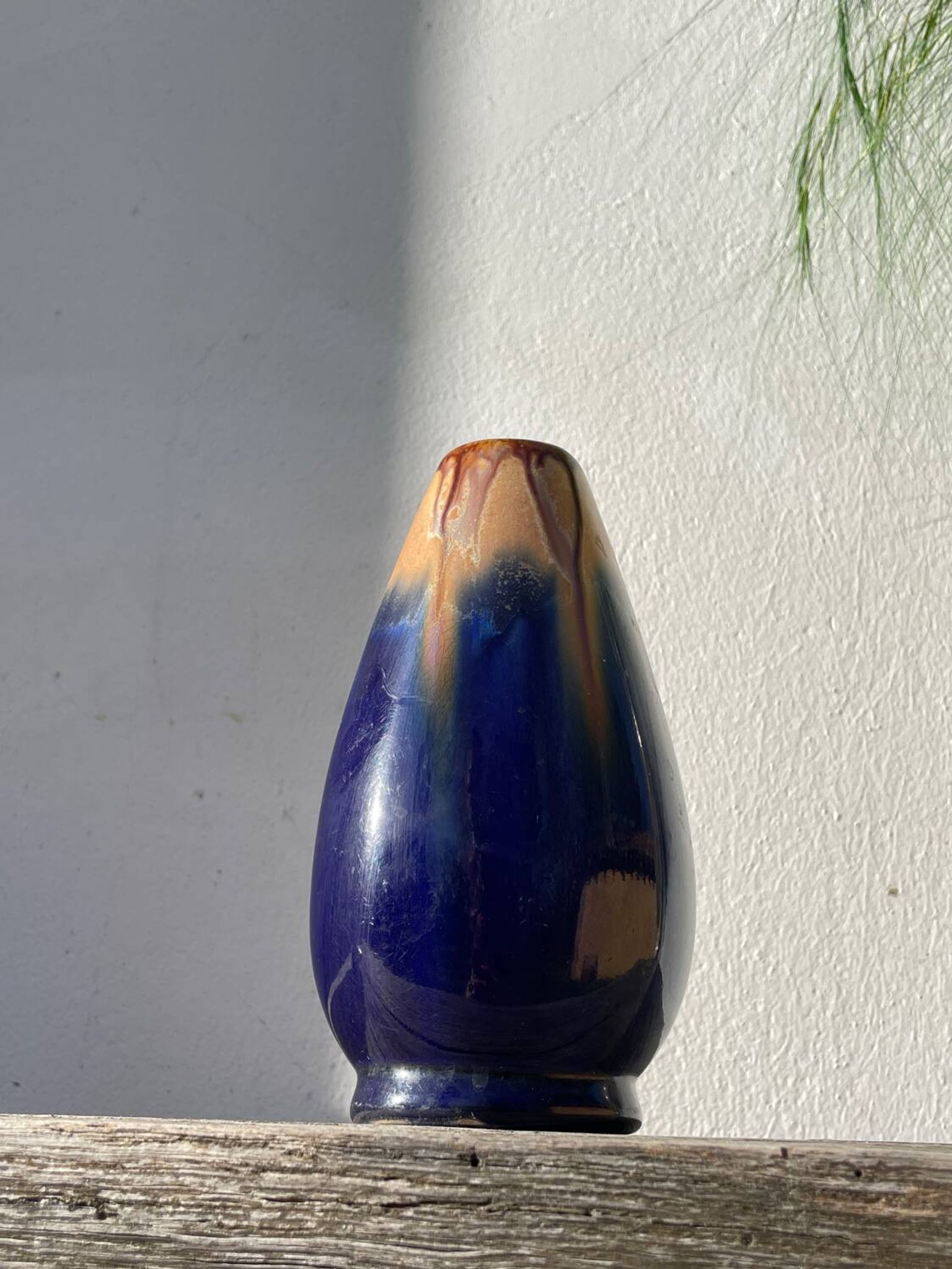 Belgian vase in blue and beige flamed stoneware