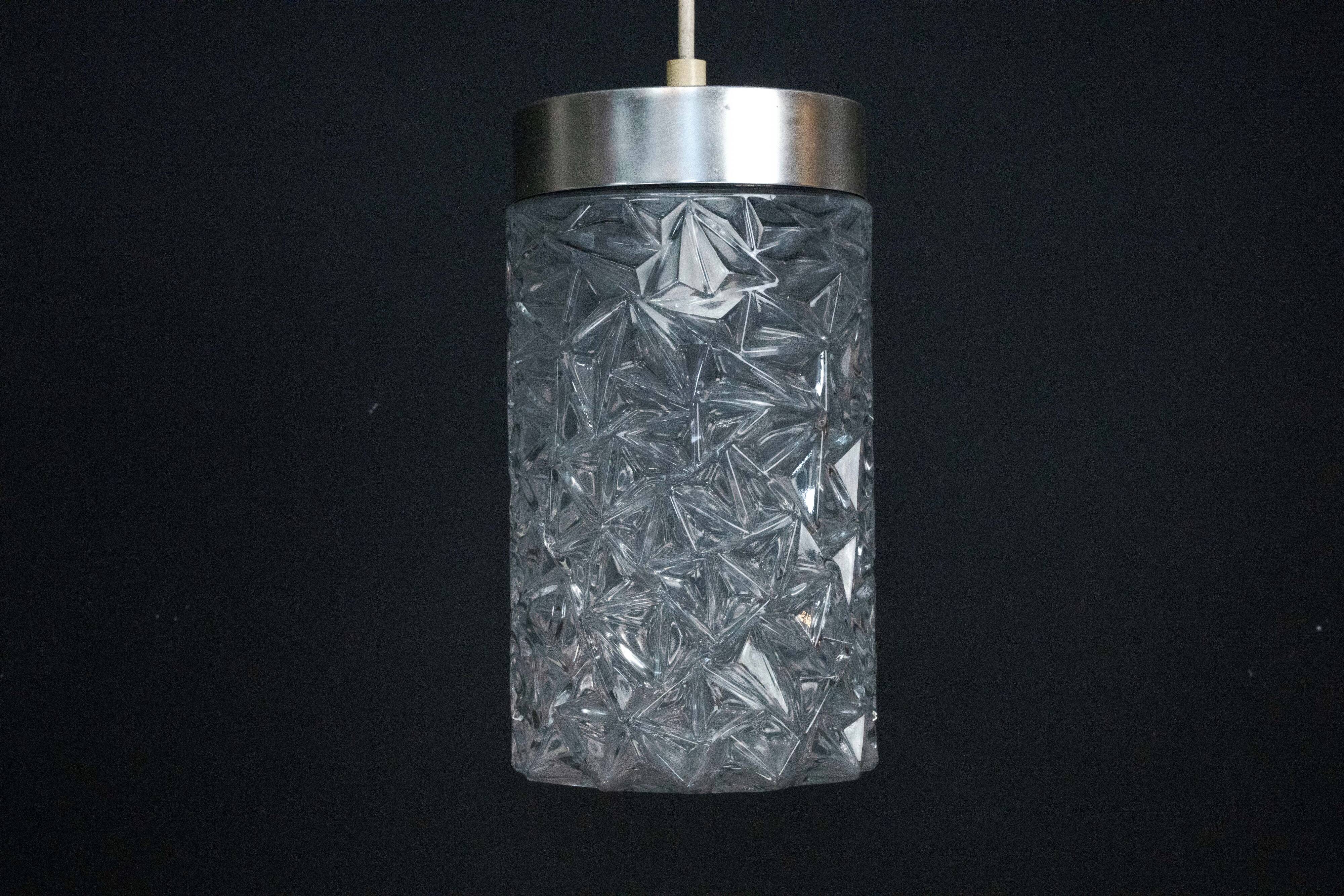 Pair of Italian Pendant Lights in Glass and Polished Aluminum, 1970s
