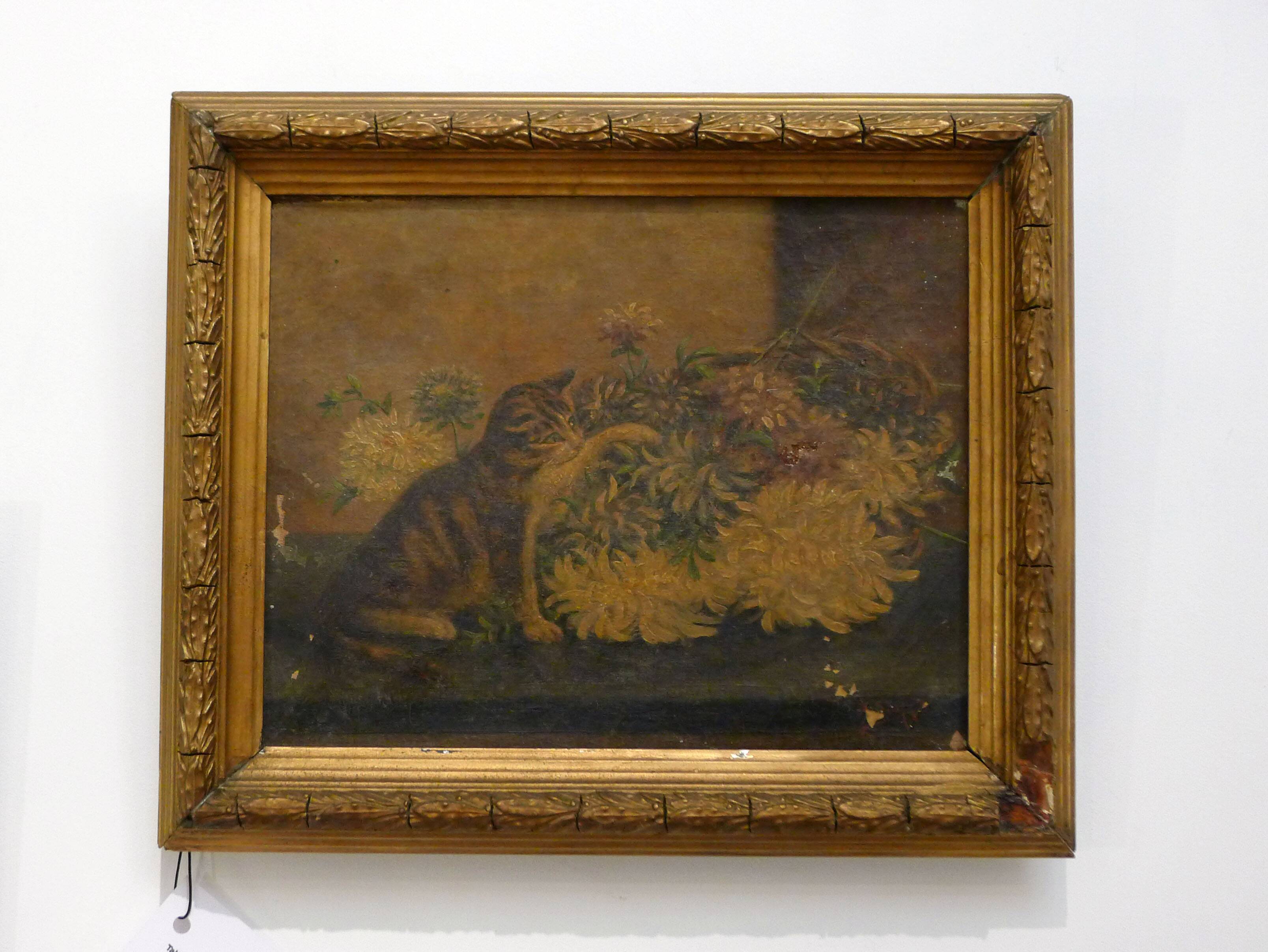 Old painting Cat & flowers