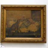 Old painting Cat & flowers