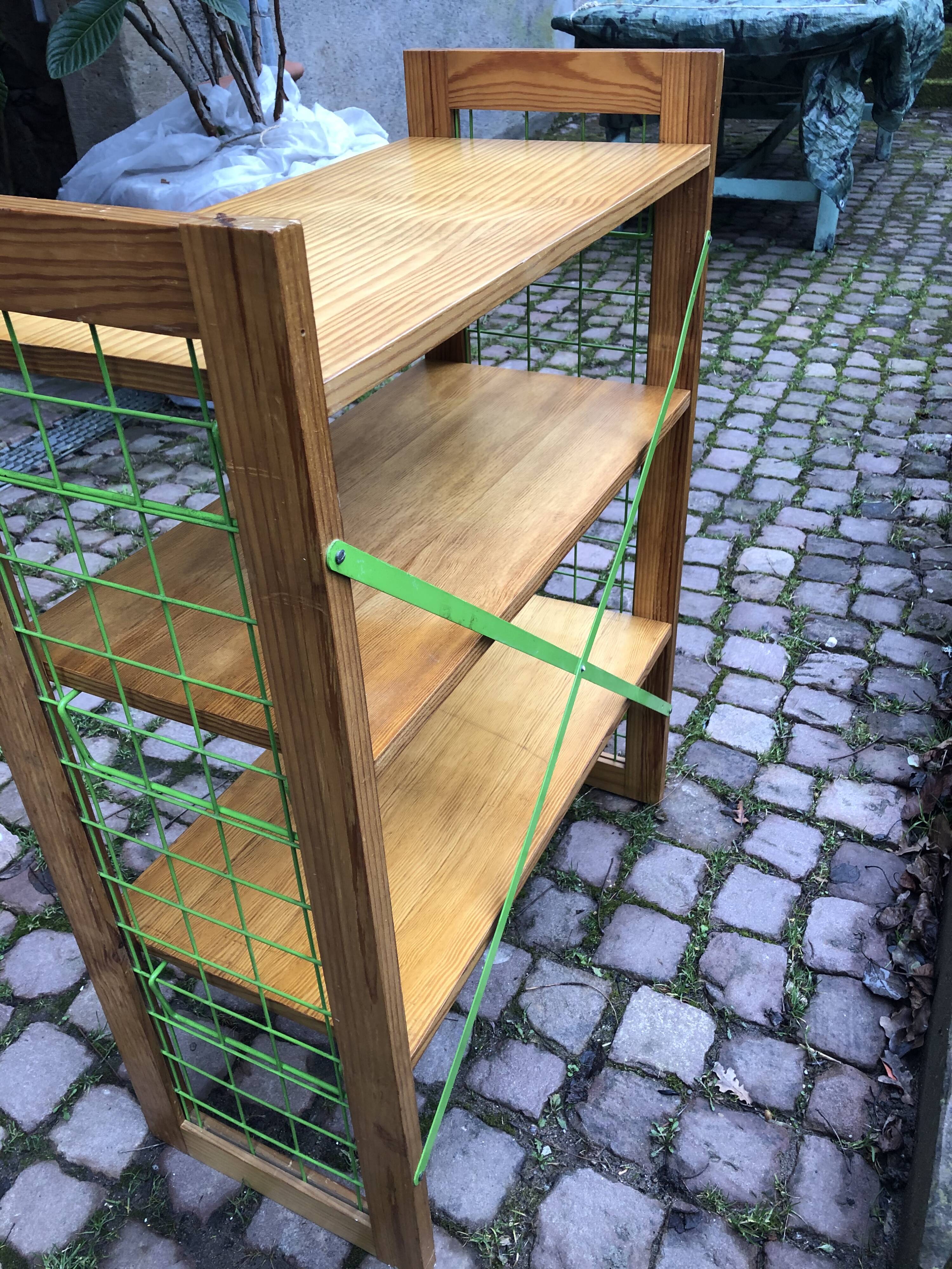 Vintage metal and pine bookcase shelf Prisunic circa 1960