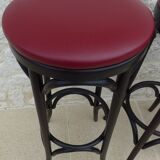 4 professional bistro stools with burgundy red imitation top in solid curved wood in the
