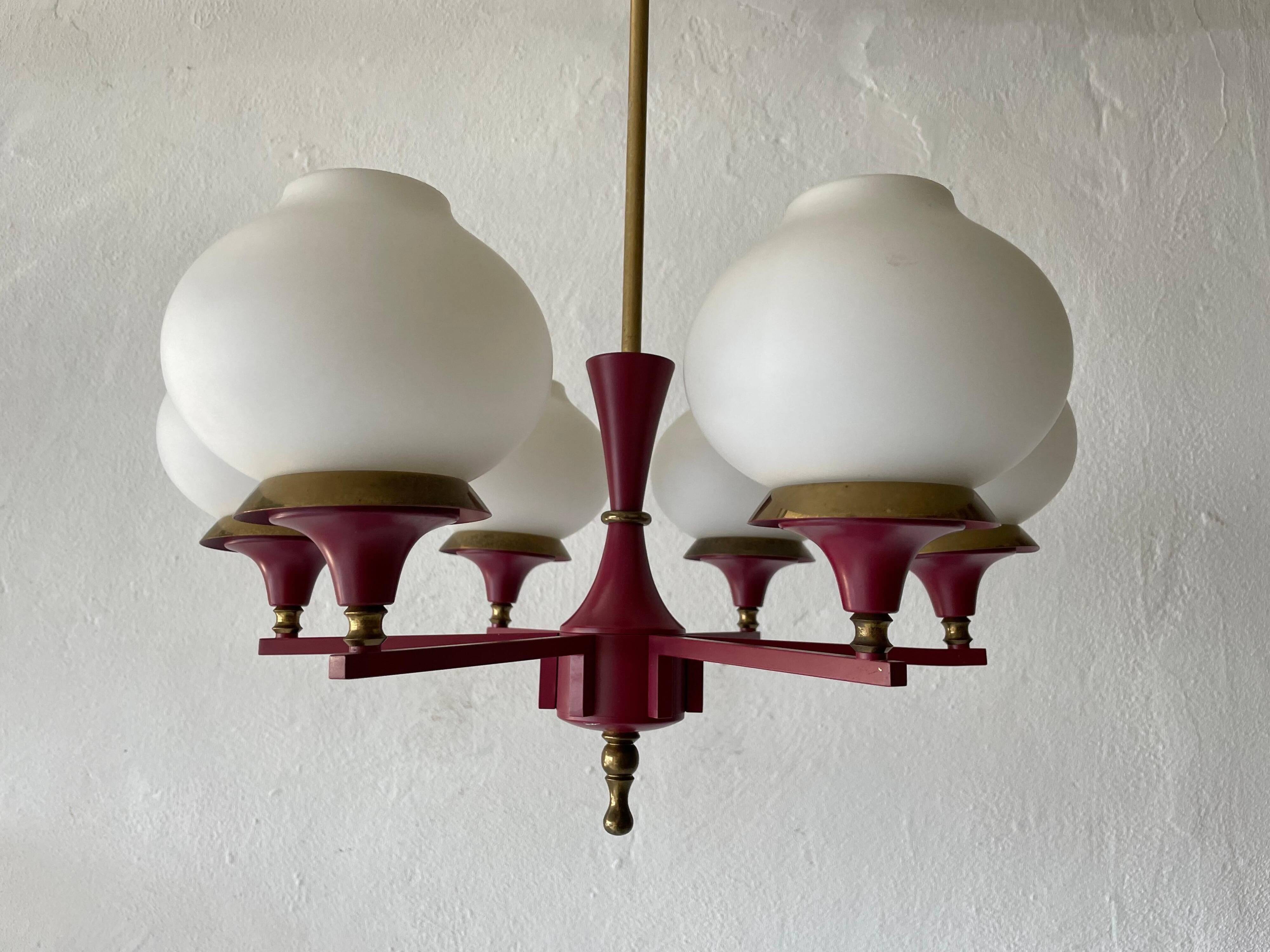 6 pendant lamps in glass and burgundy brass by Hans-Agne Jakobsson, 1960s, Sweden