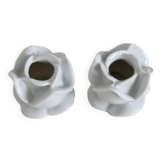 Pair of vintage white porcelain rose-shaped candlesticks