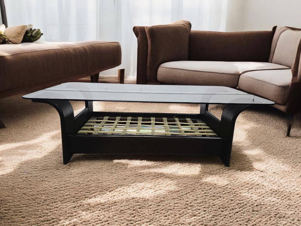 Vintage glass coffee table with dark wood frame