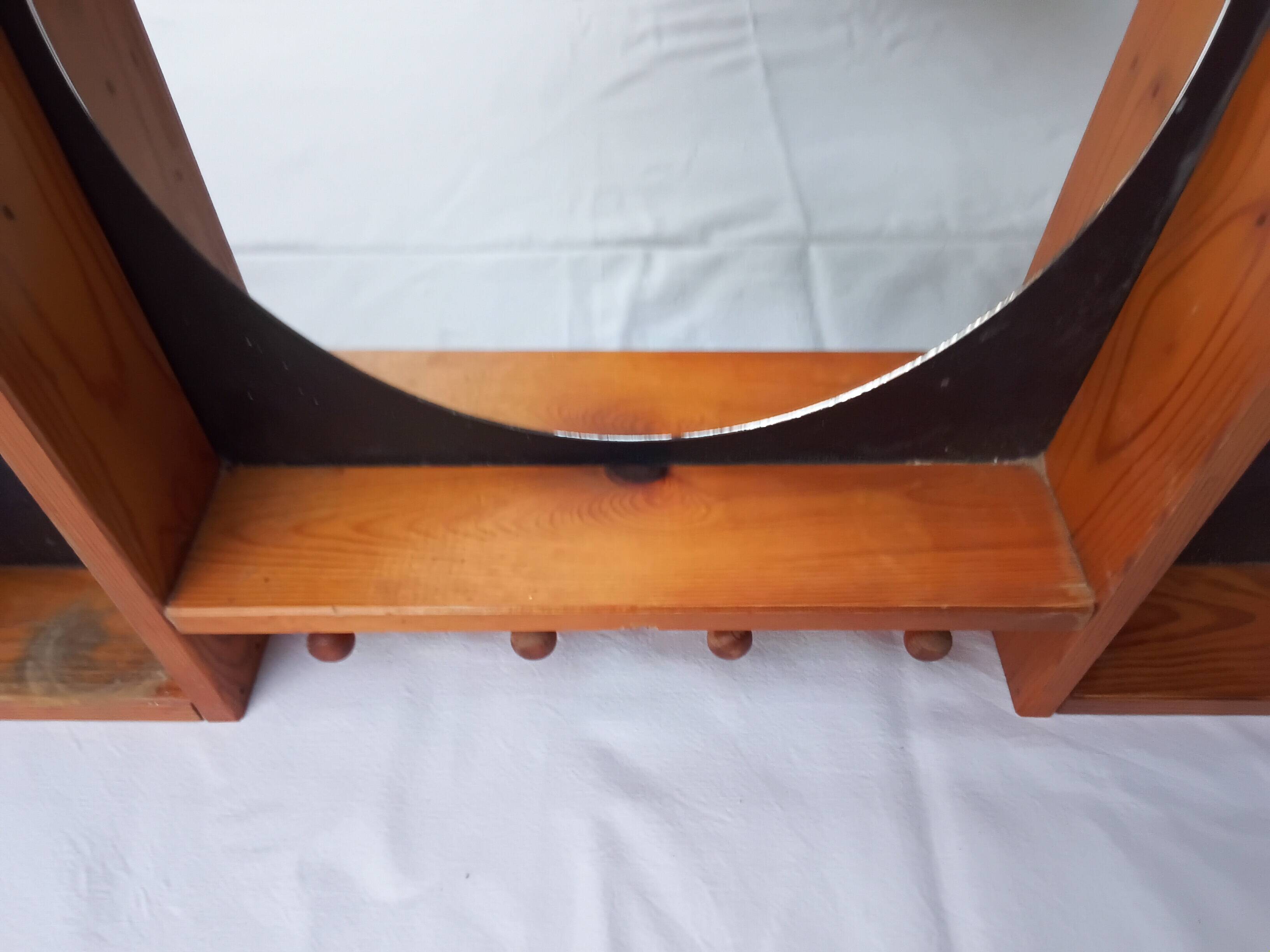 Étagère bois miroir rond année 80