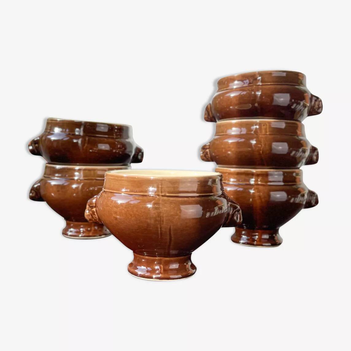 6 Lion's Head bowls in bi-colour brown and cream ceramic by Emile Henry, vintage, made in France.