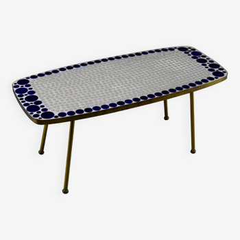 Table d’appoint en mosaïque de verre gris et bleu en laiton