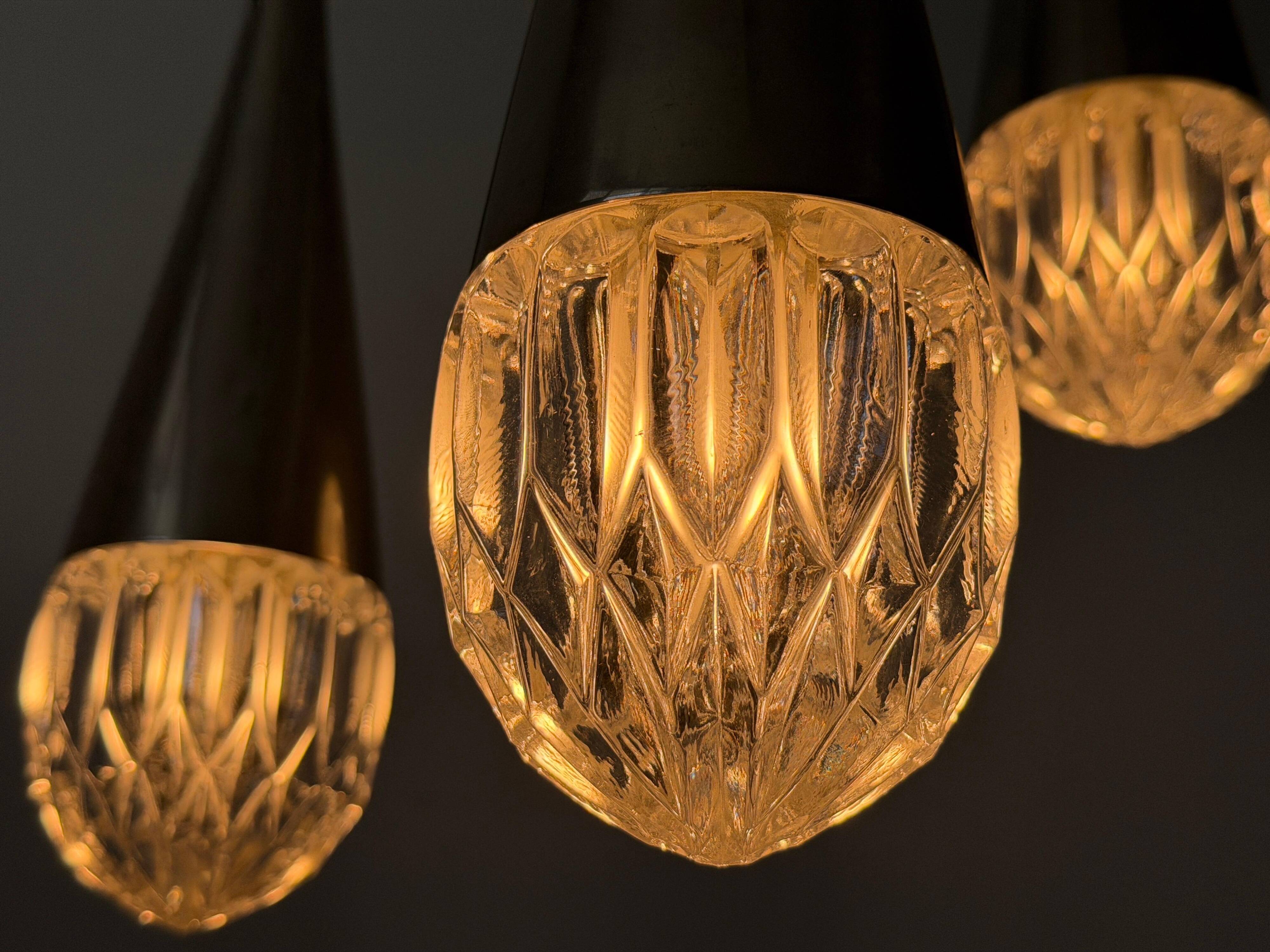 Suspended cascade lamp with 3 glass crystal shades and chrome, 1960s, Germany