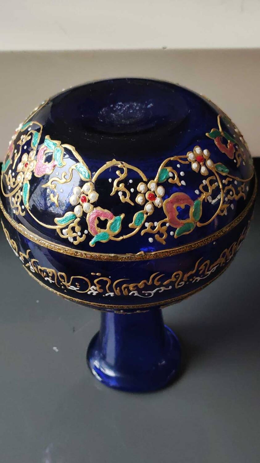 Cobalt blue ball vase/Hand painted floral motifs & raised gold edging