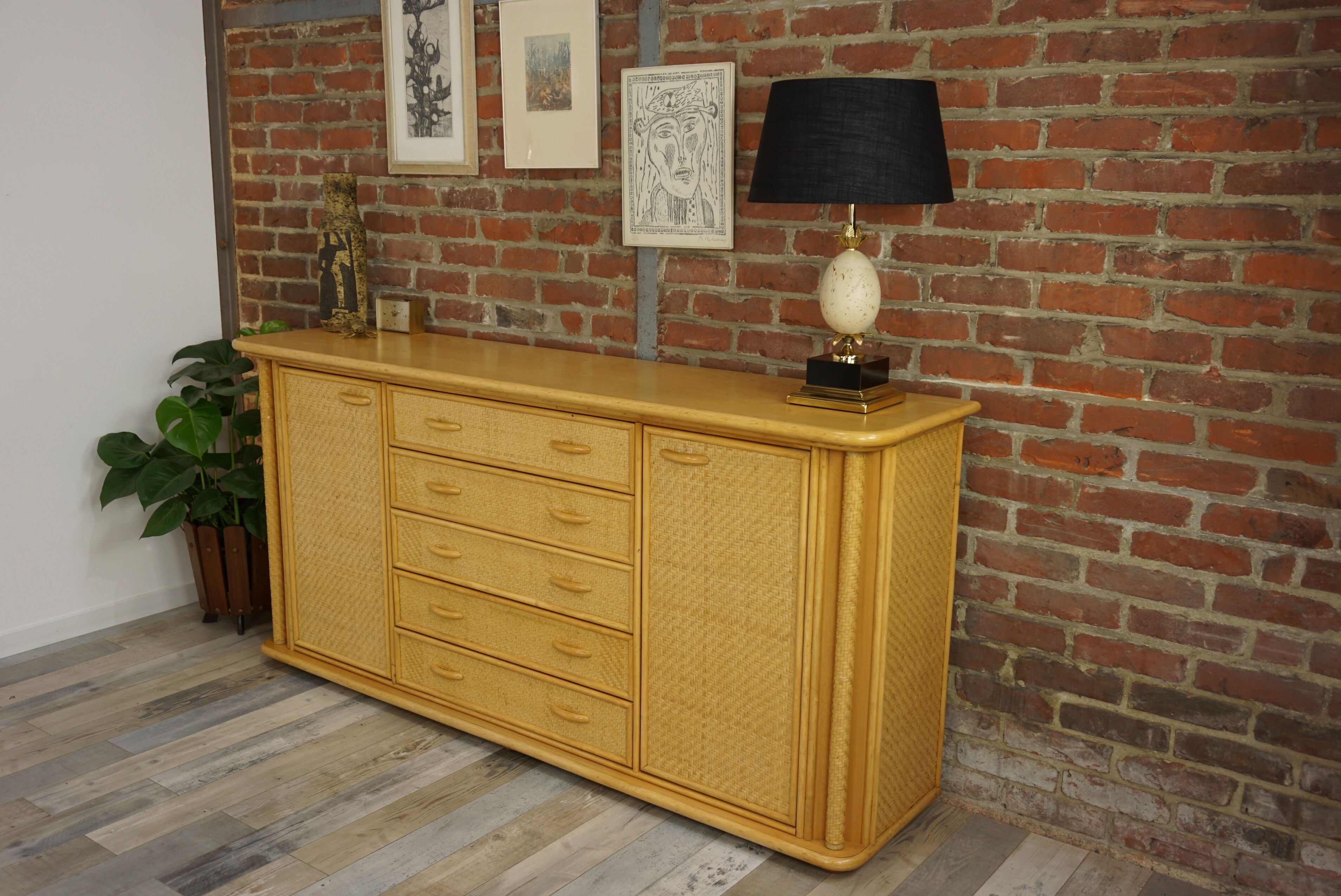 Wooden and rattan sideboard