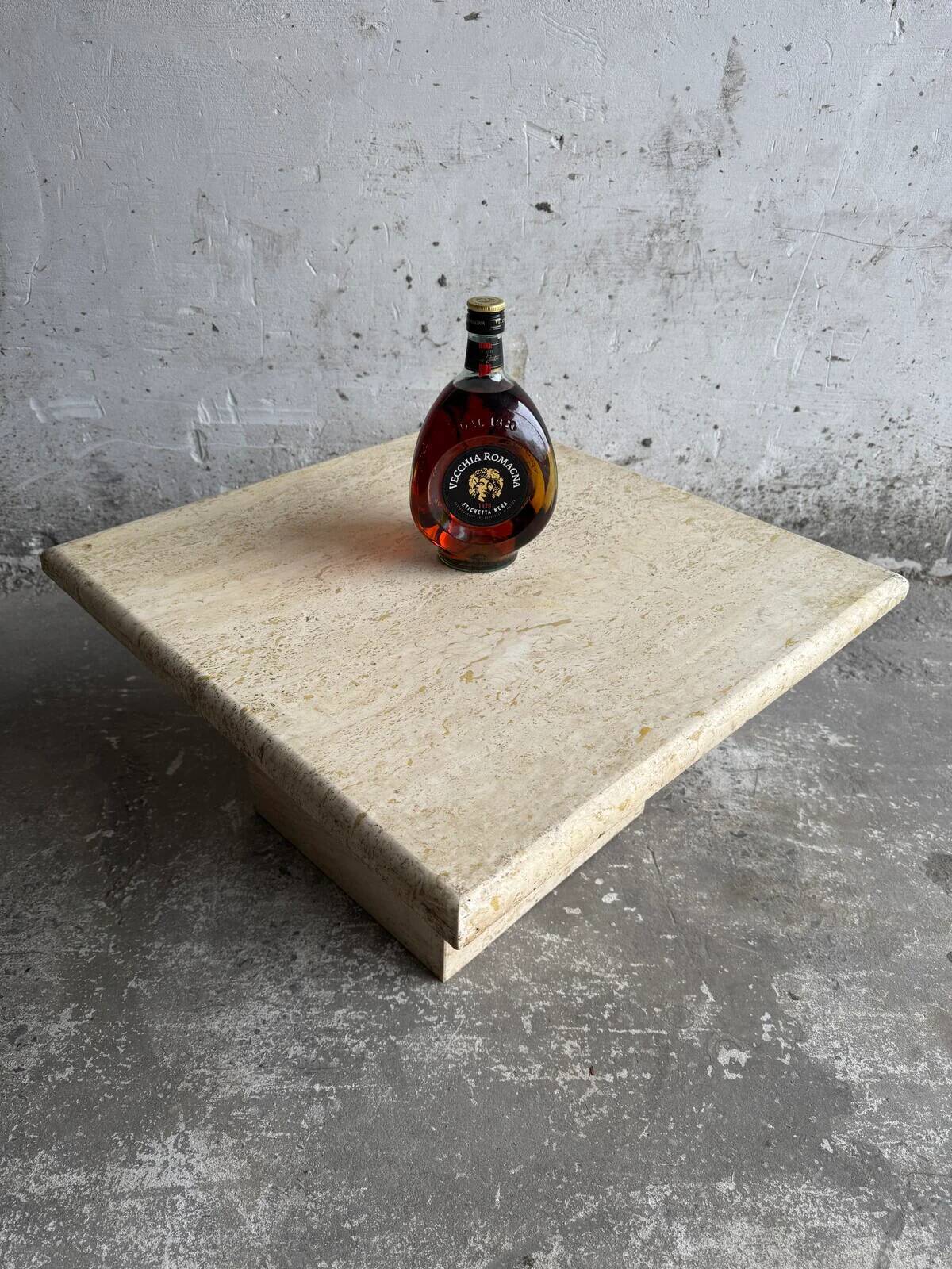 Natural beige travertine coffee table from the 1970s — minimalist Italian design, solid square top