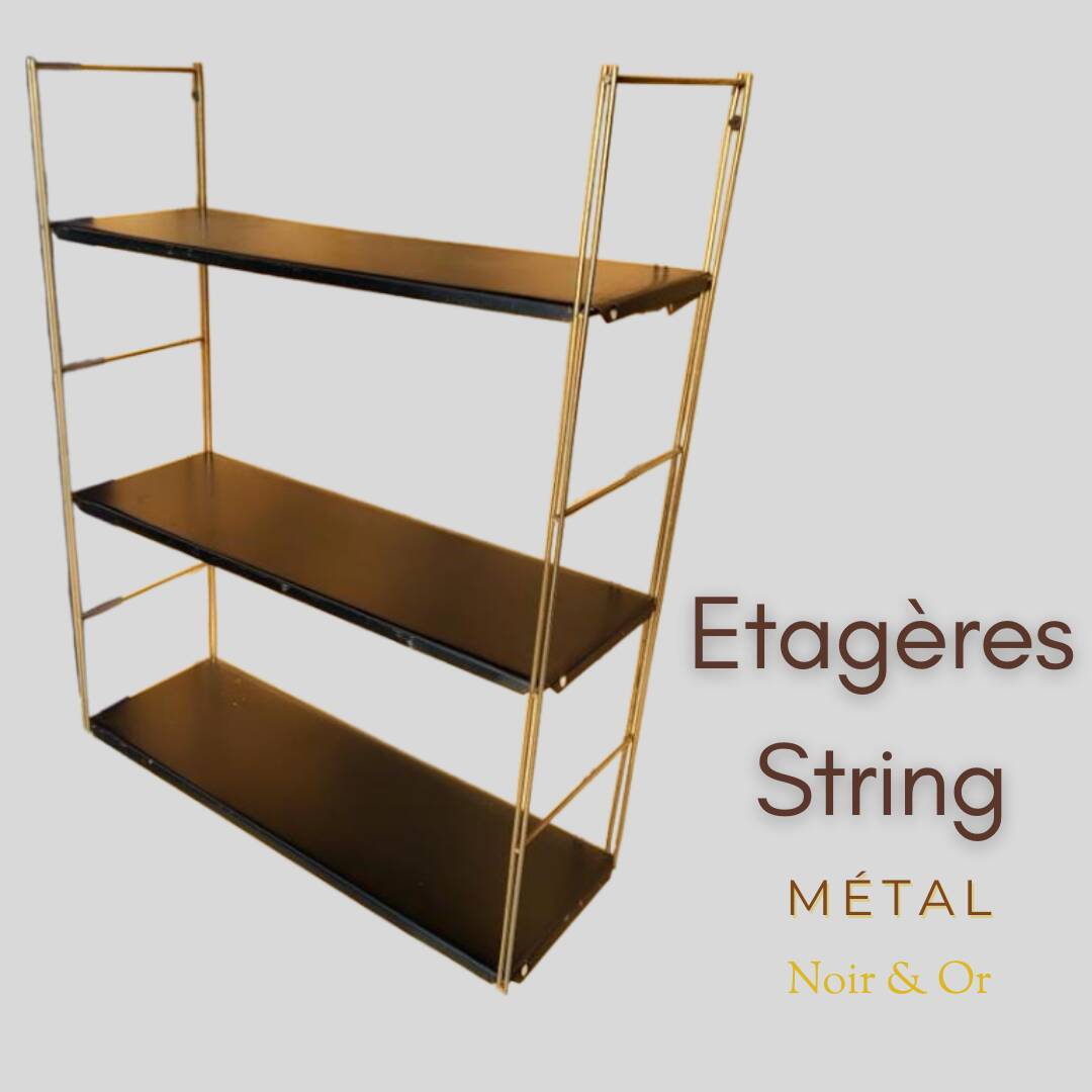 Tomado style black metal string shelf with gold ladder