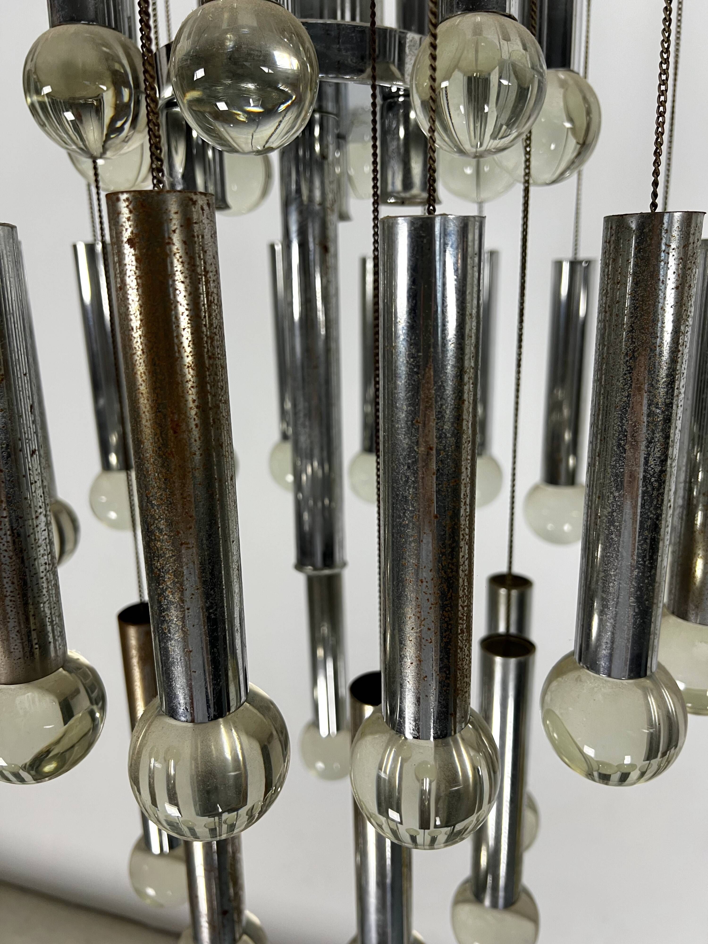 Mid- Century glass and chrome chandelier by Sciolari. Italy 1960s