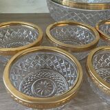 Salad bowl and cups in cut glass and brass