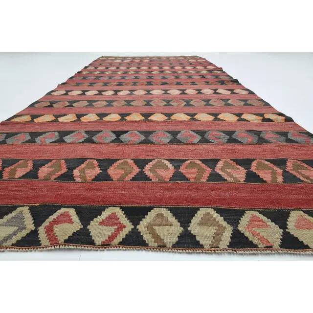 1970s Vintage Turkish Oushak Handmade Wool Cotton Red Runner Rug 140x353