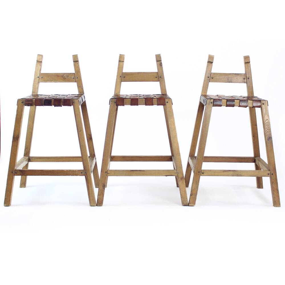 Large Vintage Bar Stool In Wood & Leather, Czechoslovakia 1950s