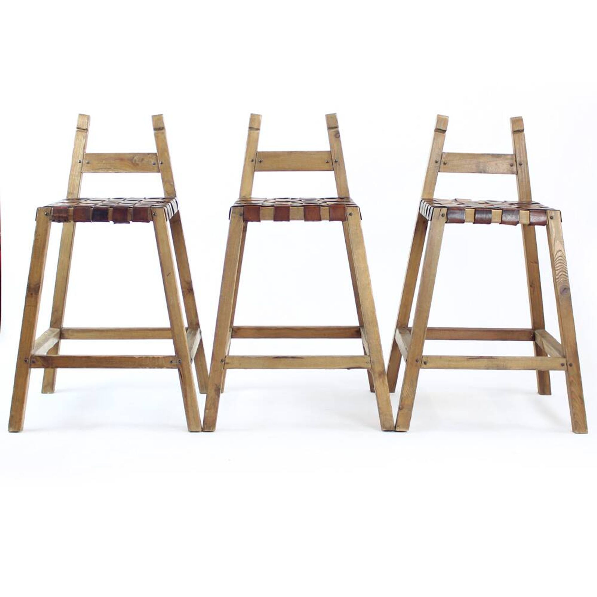Large Vintage Bar Stool In Wood & Leather, Czechoslovakia 1950s