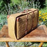 Early 20th century woven rattan straw suitcase