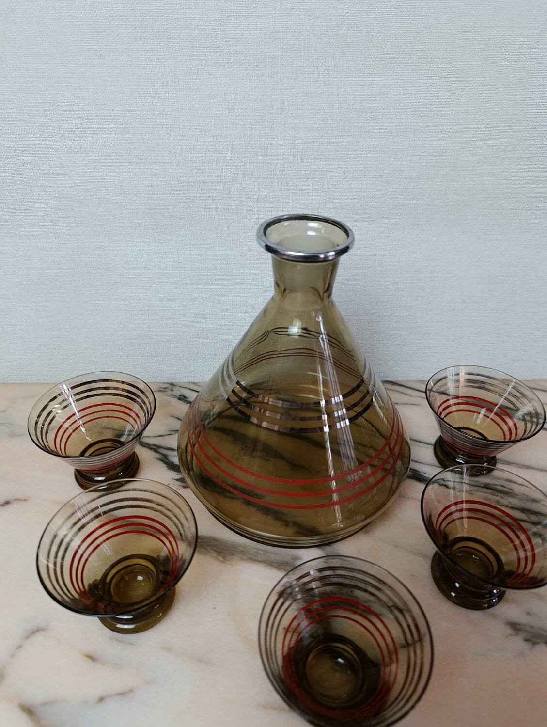 Art Deco liqueur service in smoked glass